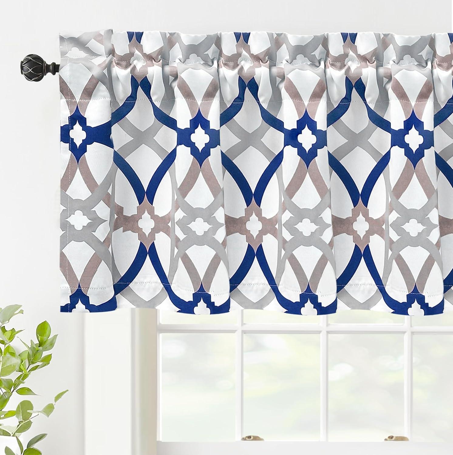 DriftAway Alexander Spiral Geo Trellis Pattern Window Curtain Valance Rod Pocket 52 Inch by 18 Inch Plus 2 Inch Header Navy and Gray 1 Pack