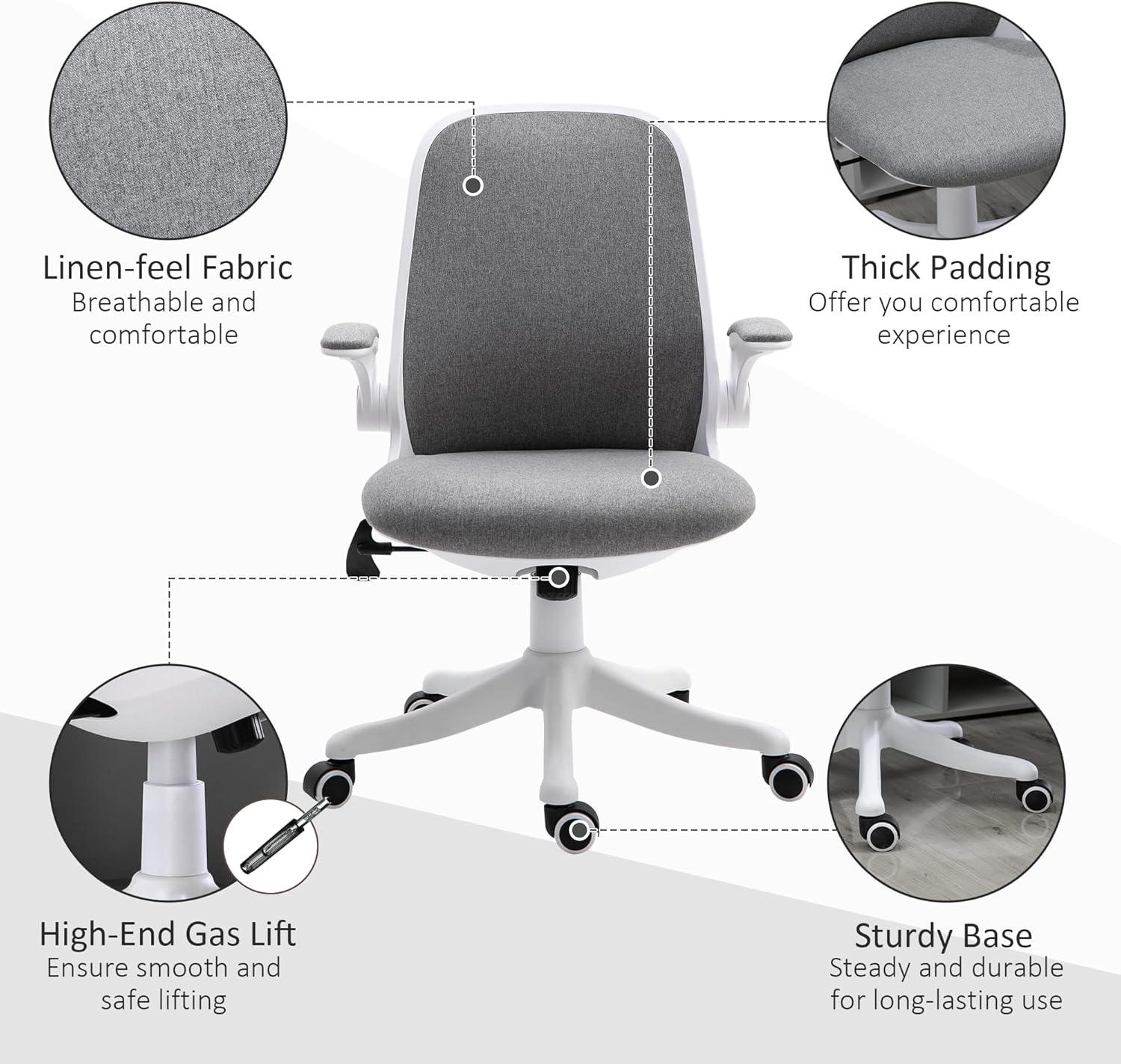 Linen-Touch Fabric Swivel Task Chair with Adjustable Arms and Lumbar Support, Gray