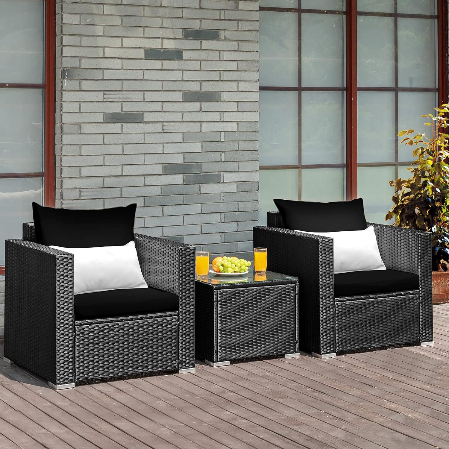 Resenkos 3 Pieces Patio Wicker Conversation Set, Outdoor Furniture Garden Conversation Bistro Sets with Coffee Table and Cushions-Black