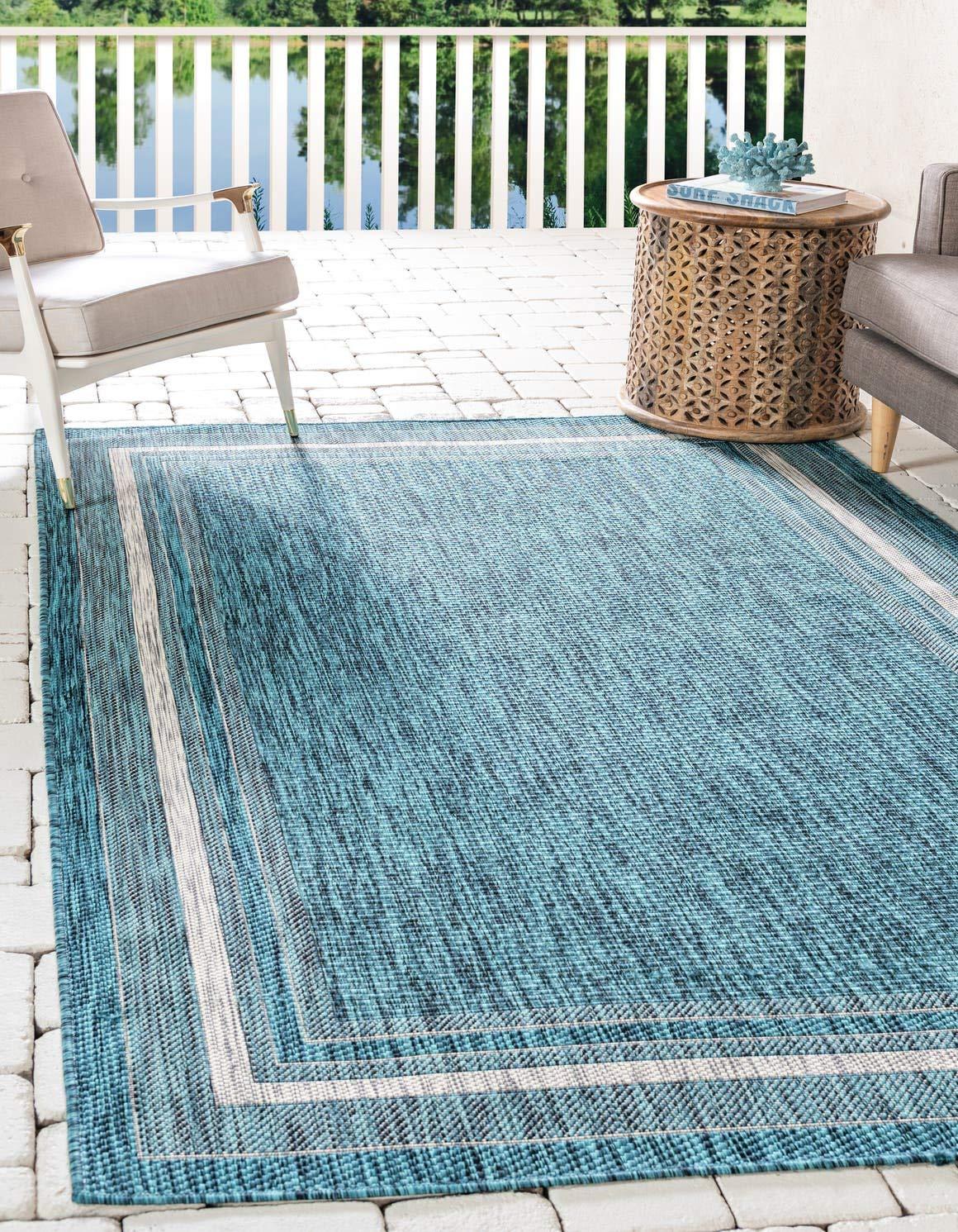 Unique Loom 9' 0 x 12' 2 Rectangle Indoor/Outdoor Border Teal Area Rug