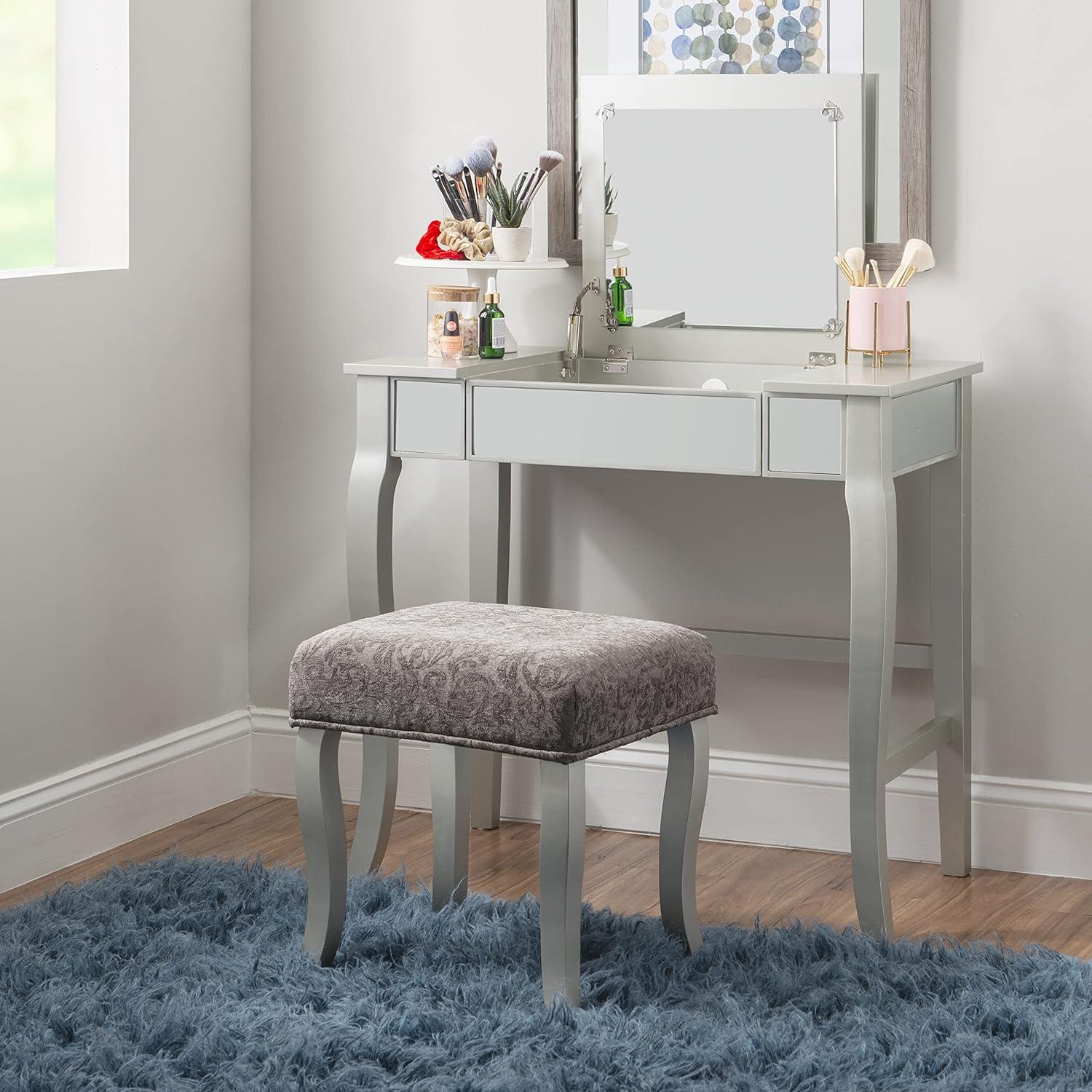 Harper Glam Flip-up Mirror Wood Vanity and Gray Upholstered Stool Mirror and Silver - Linon