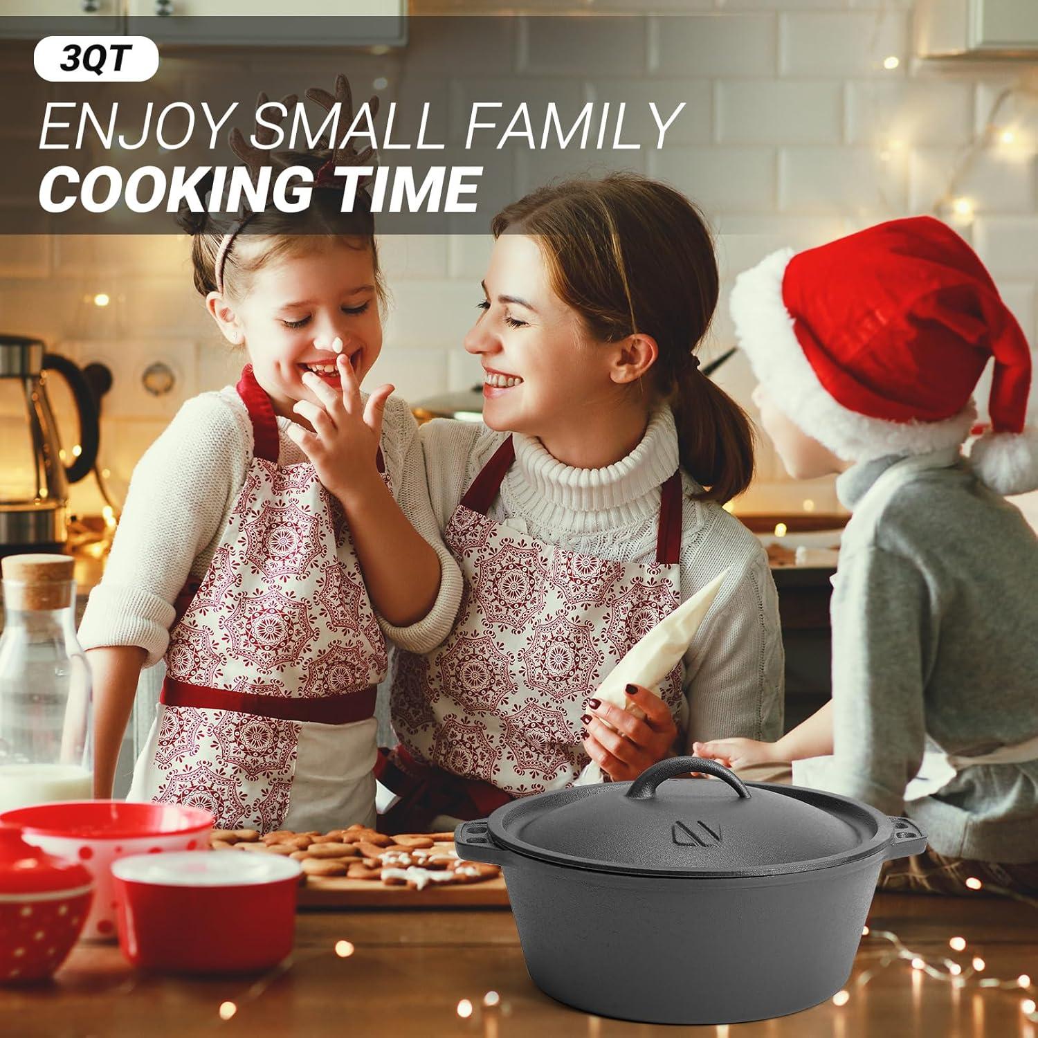 shuoli Pre-Seasoned Cast Iron Dutch Oven Pot With Lid, For Braising, Broiling, Frying, Sourdough Bread Baking, Camping Cookware, BBQ,3 Quart Pan