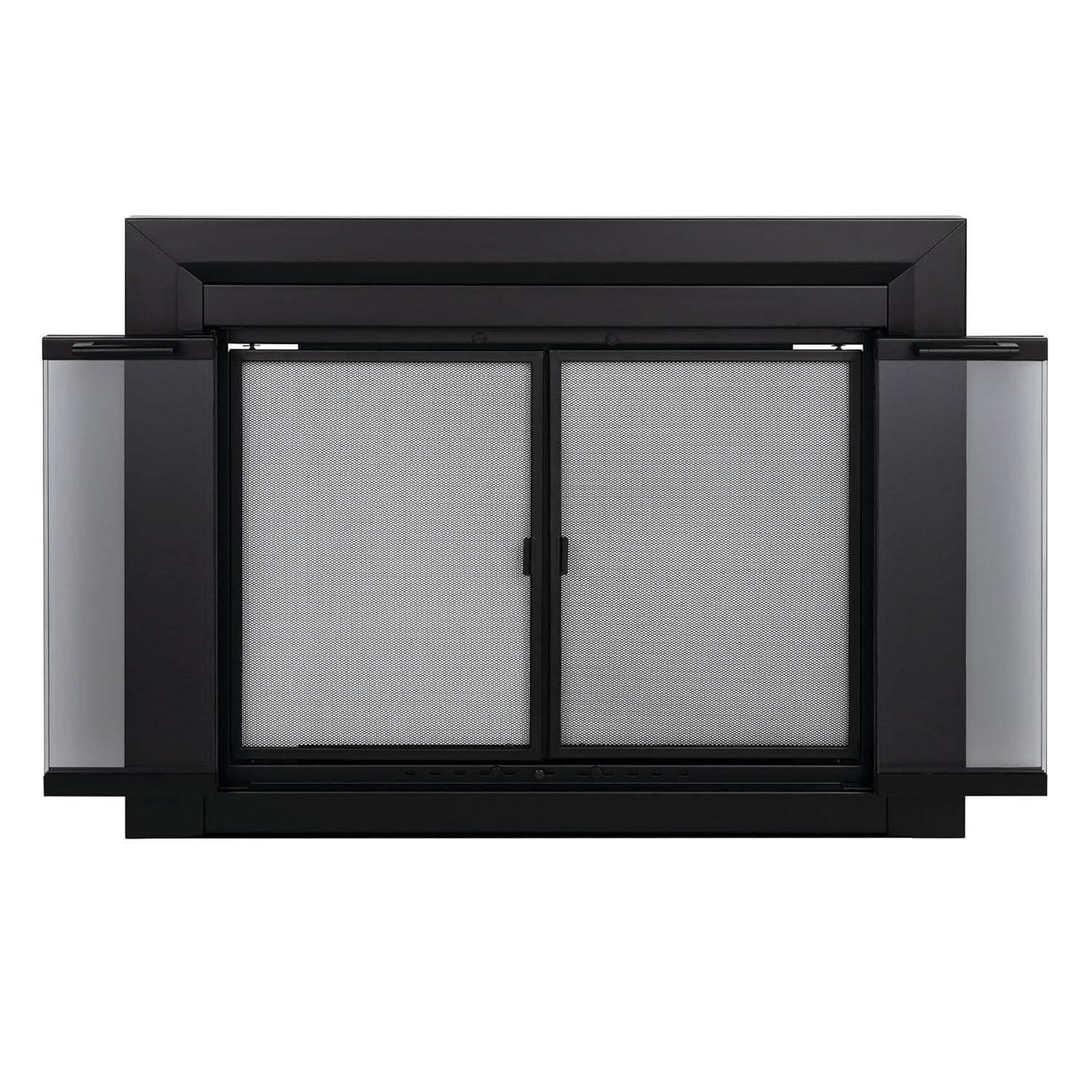 Pleasant Hearth Clairmont Fireplace Screen and Bi-Fold Track-Free Smoked Glass Doors - Black