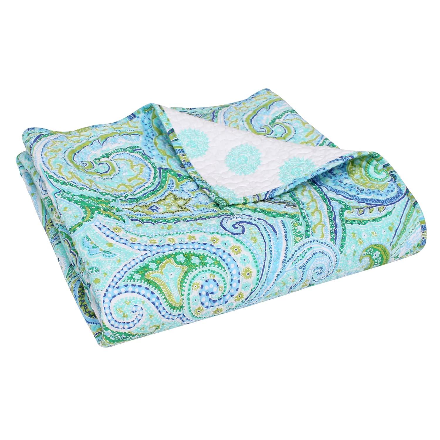 Teal and Green Cotton Reversible Paisley Throw Blanket 50x60in