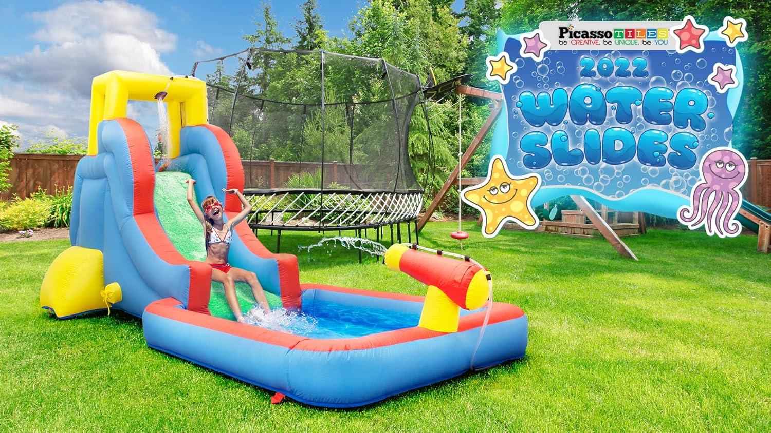 Colorful Inflatable Water Slide Park with Pool and Climbing Wall