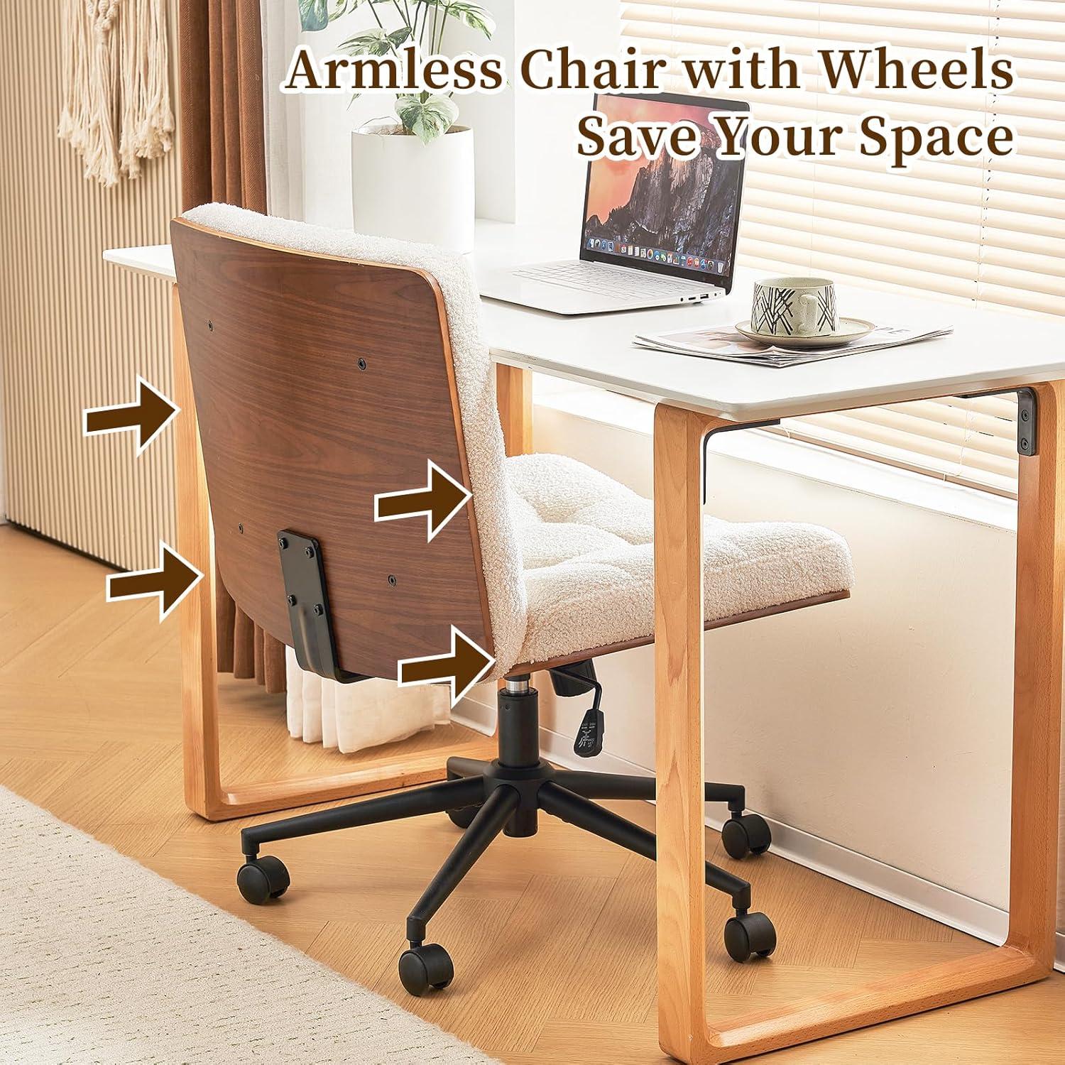 Armless Home Office Task Desk Computer Chair No Wheels PU-Padded Adjustable Swivel Vanity Chair lvory white