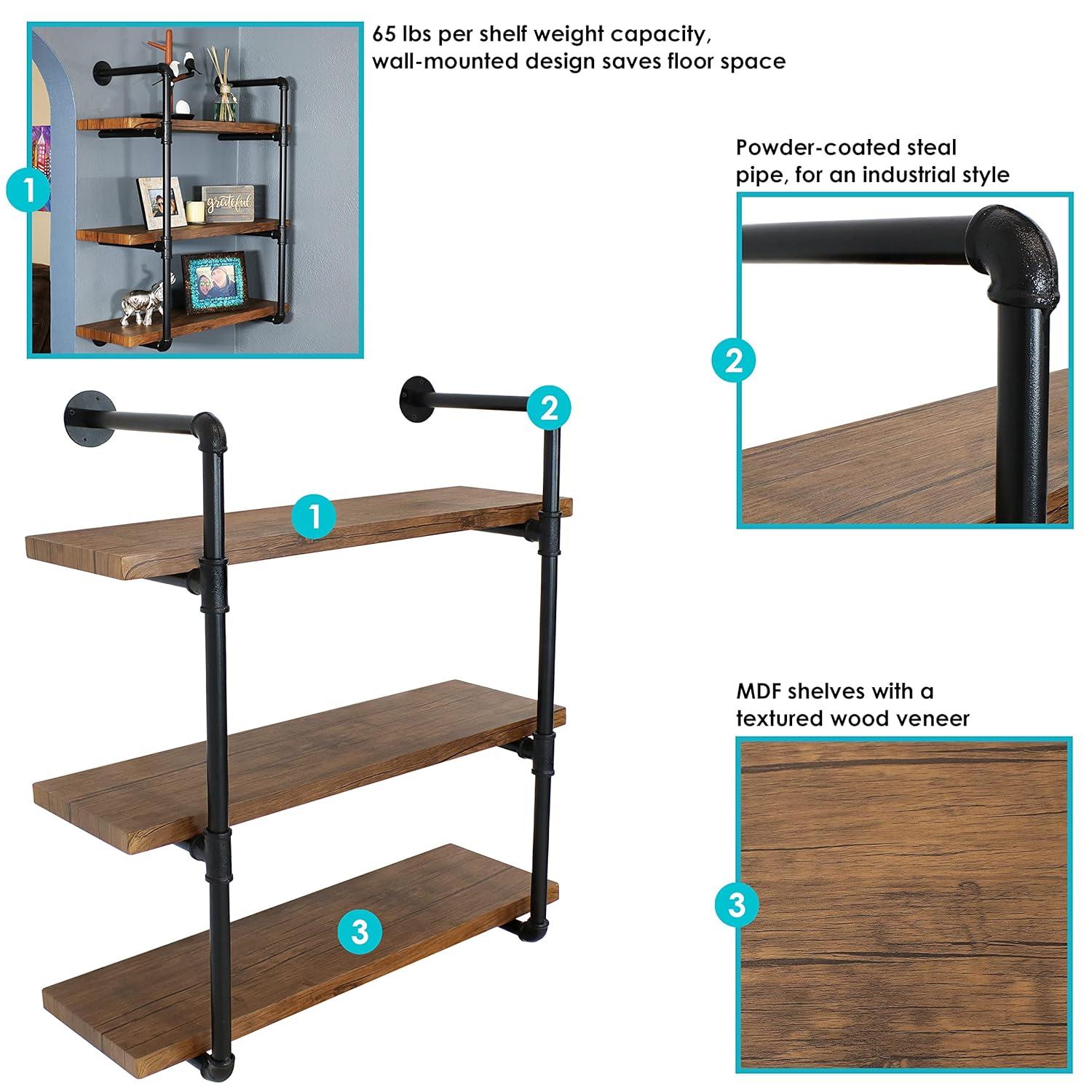 Sunnydaze 3 Shelf Industrial Style Pipe Frame Wall-Mounted Floating Shelf with Wood Veneer Shelves