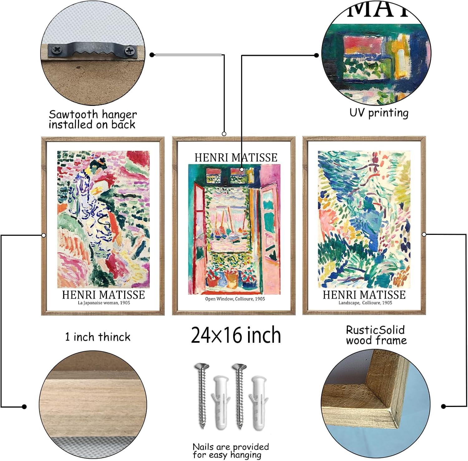 Vault W Artwork Set Of 3 16X11 Inch Large Rustic Farmhouse Aesthetic Wood Framed Matisse Sign Modern Home Bedroom Living Room Office Abstract Landscape Print Wall Hang (Wood) (Set of 3)