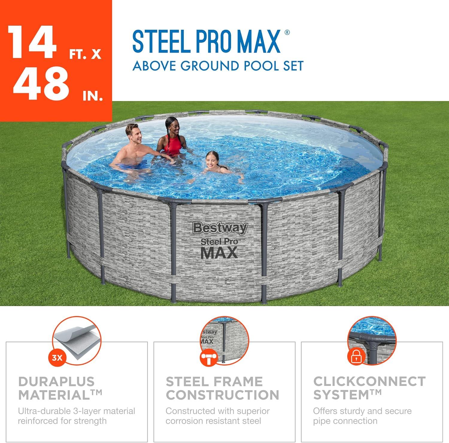 Bestway Steel Pro MAX Round Above Ground Swimming Pool Set with Metal Frame Filter Pump, Ladder, and Cover