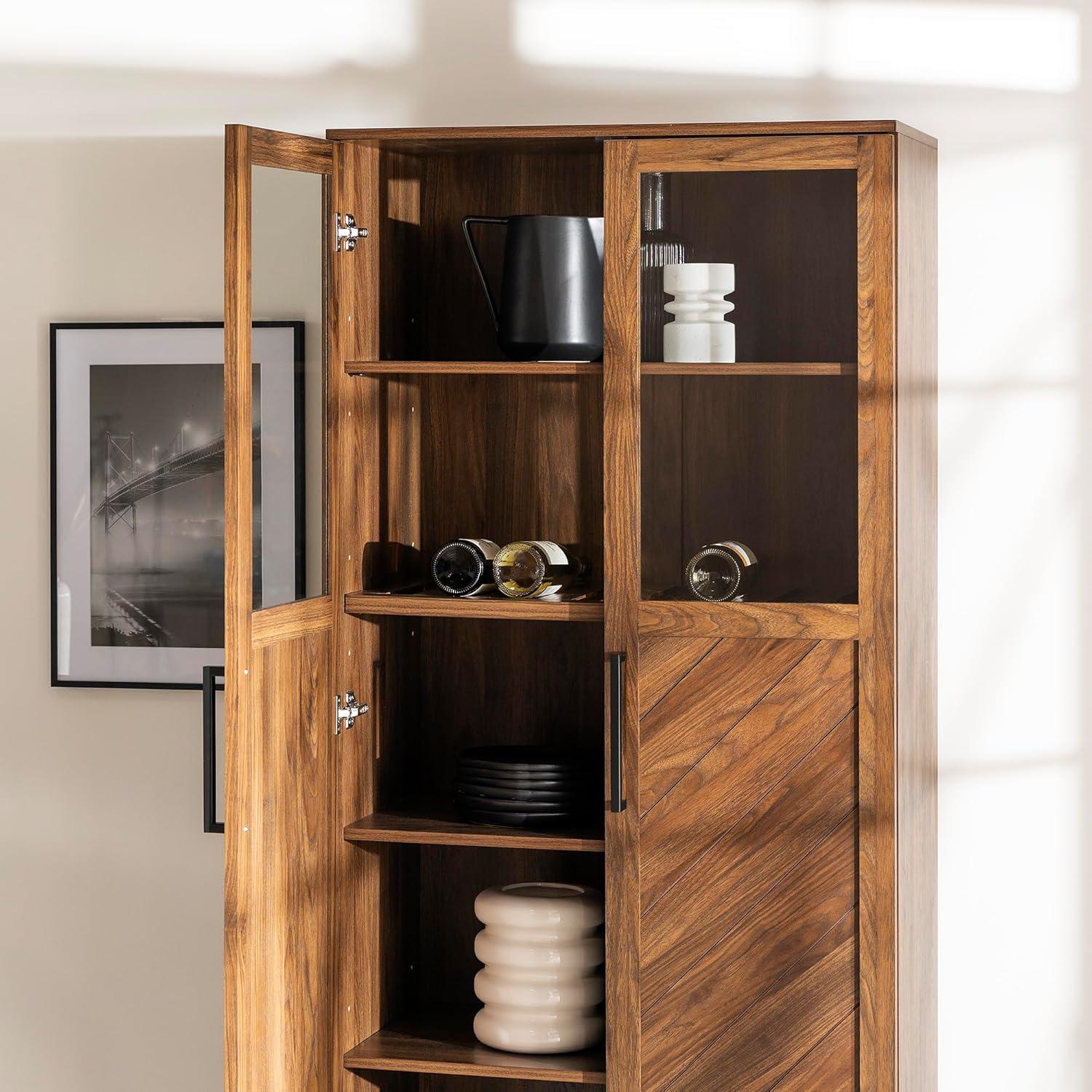 Walker Edison Emma Boho Chevron 2 Door Glass Window Hutch with Bottle Storage, 68 Inch, Dark Walnut