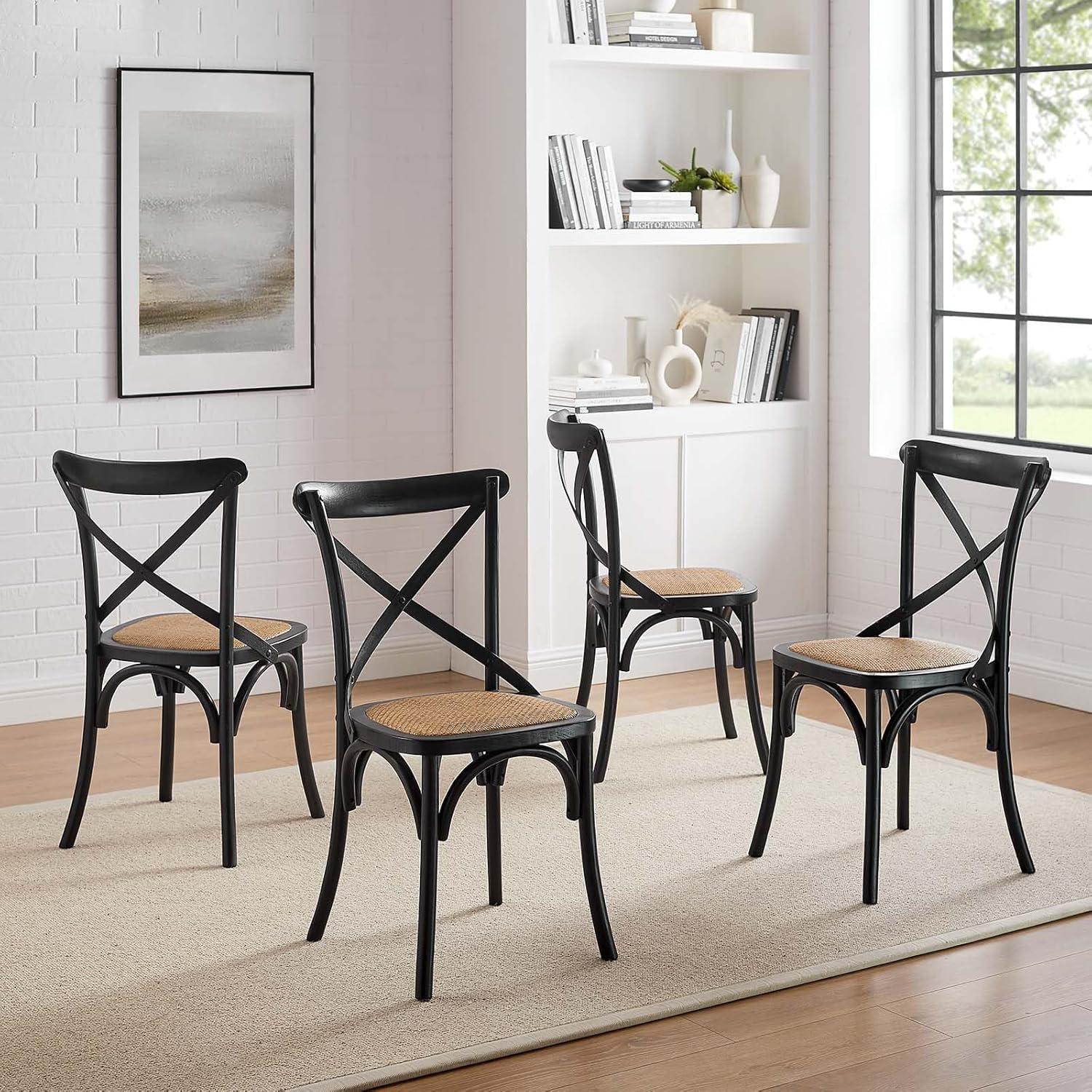 Modway Gear 18.5" Elm Wood and Rattan Dining Side Chair in Black (Set of 4)