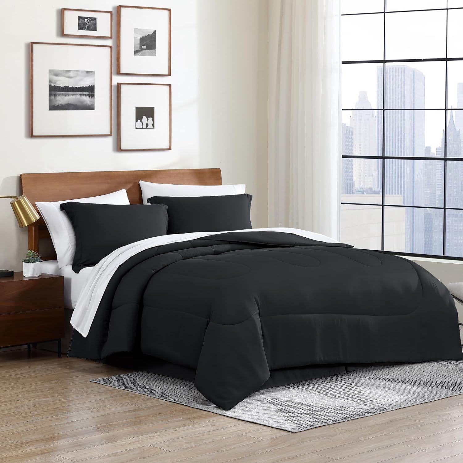 Swift Home | 8-Piece Ultra Soft Solid Bed-In-A-Bag Bedding Set Black Queen