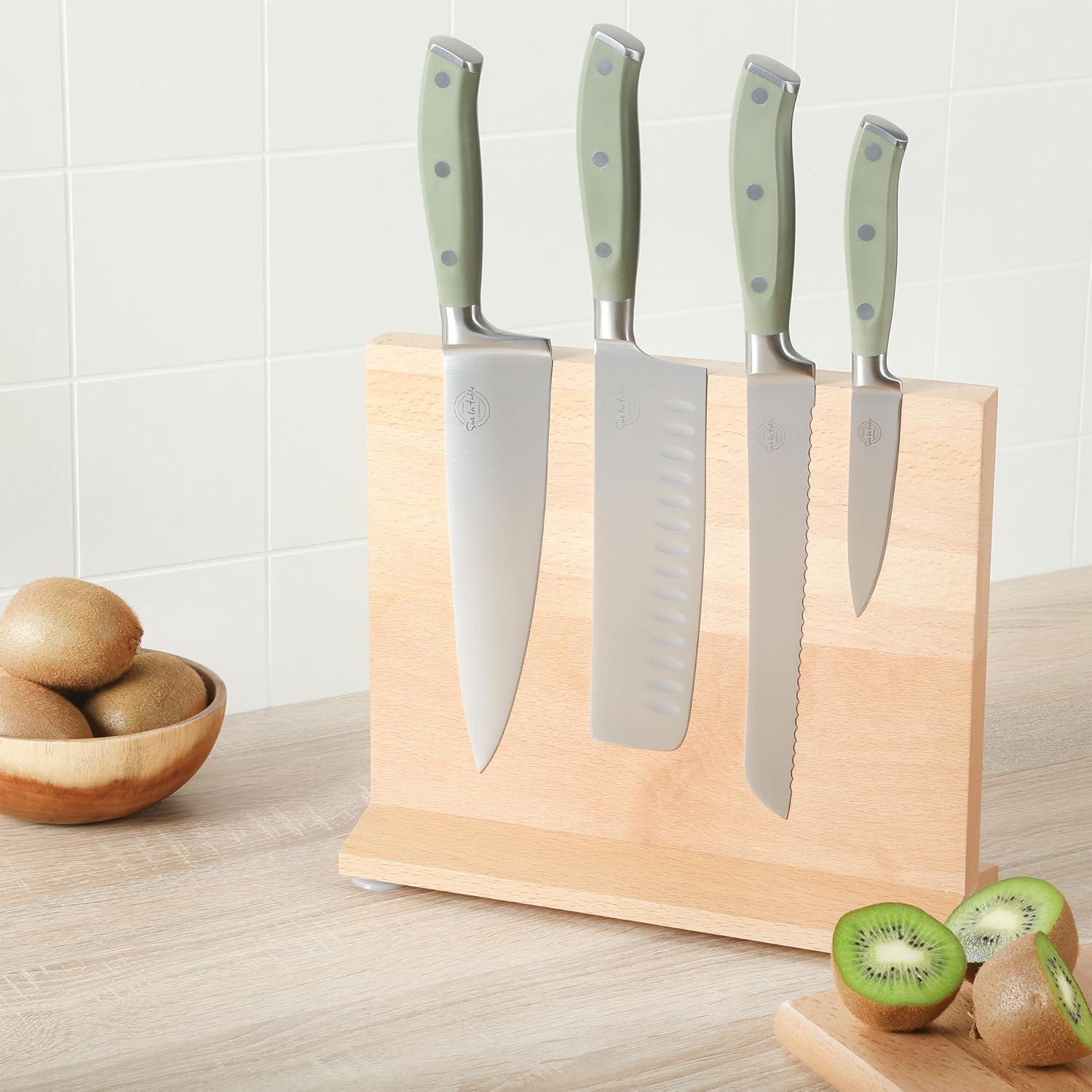 Sur La Table Kitchen Essentials Sur La Table Kitchen Essentials 5 Piece German Steel Blade With Triple Riveted Handle Set on Beechwood Magentic Block - Juniper Green