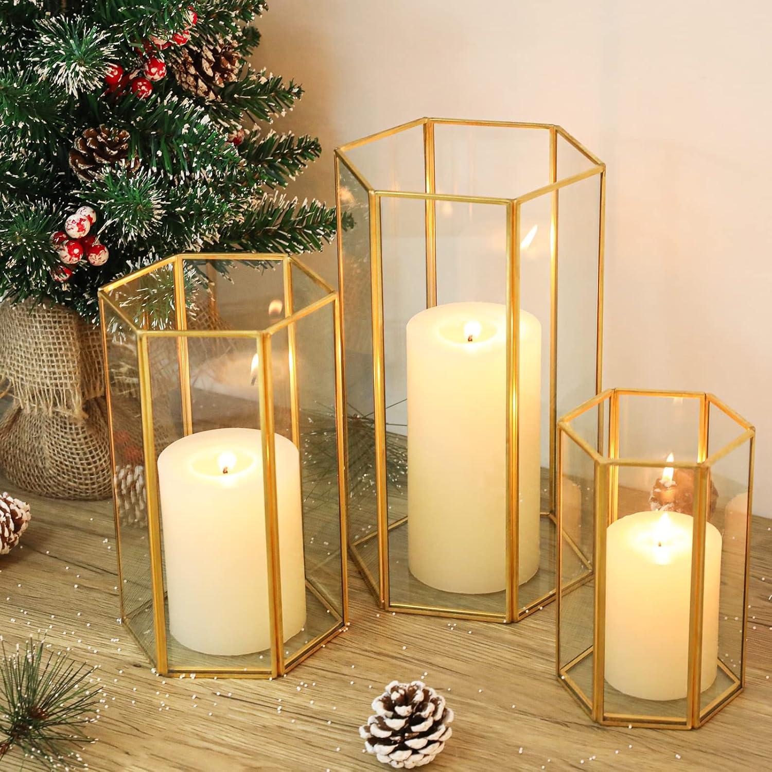 Phosphor Small Hurricane Candle Holder Set of 3 Pieces, Black Glass Candle Holder for Wedding, Party, Holiday.