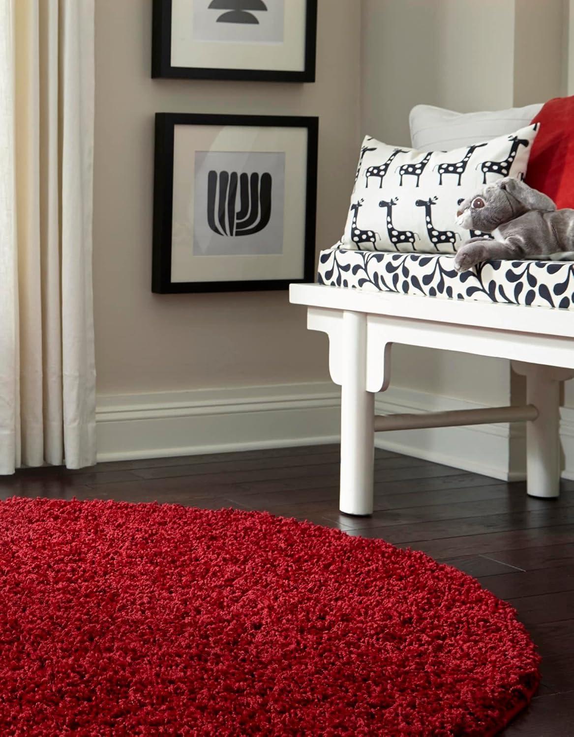 Luxe Cherry Red Round Shag Rug, Stain-Resistant & Washable