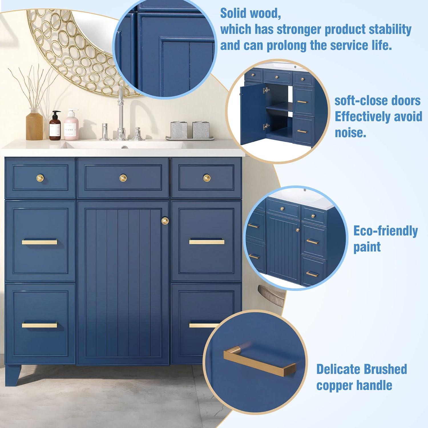 Miekor Furniture 36" Bathroom Vanity Cabinet with Sink Top Combo Set, Navy Blue, Single Sink, Shaker Cabinet with Soft Closing Door and Drawer W5UE-1
