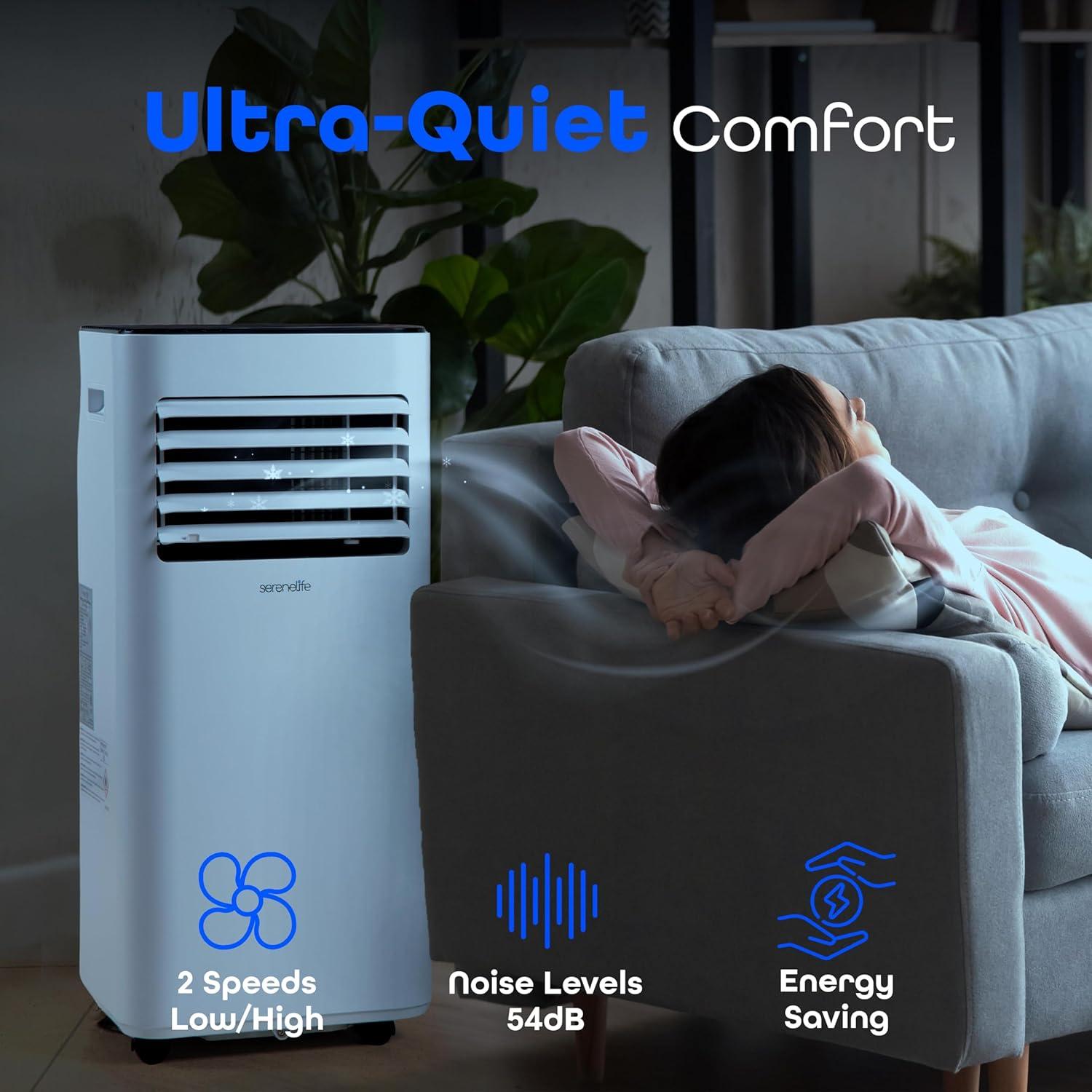 Serenelife 8000 BTU Portable Air Conditioner - 3-In-1 Compact Standing Air Conditioner For Room Up To 300 Sq. Ft. - Floor AC Unit With Remote Control - Universal Casters, Window Mount Kit