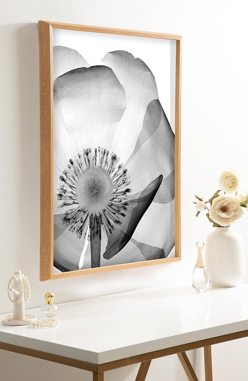 Kate and Laurel Blake Poppy X Ray Floral 2 BW Framed Printed Glass Wall Art by The Creative Bunch Studio, 18x24 Natural, Decorative Modern Flower Art Print for Wall