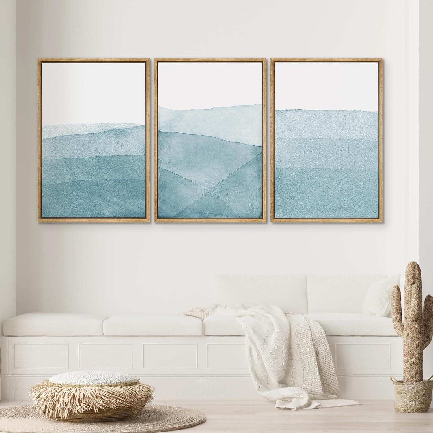 Blue Abstract Landscape Canvas Print Set with Natural Frames