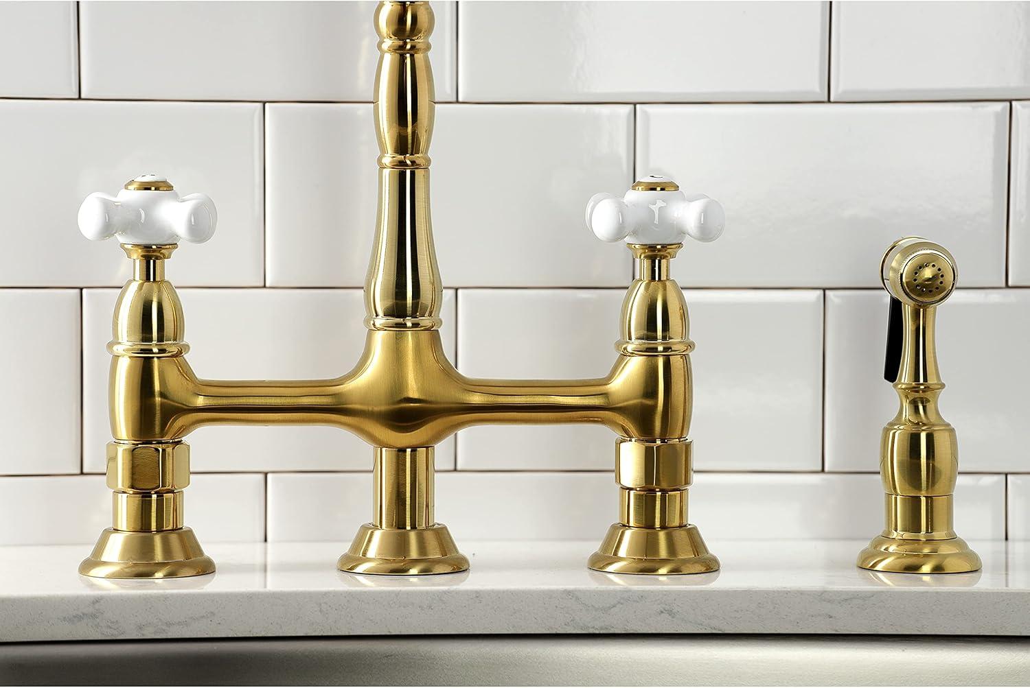 Kingston Brass Heritage Two-Handle 4-Hole Deck Mount Bridge Kitchen Faucet with Brass Side Sprayer