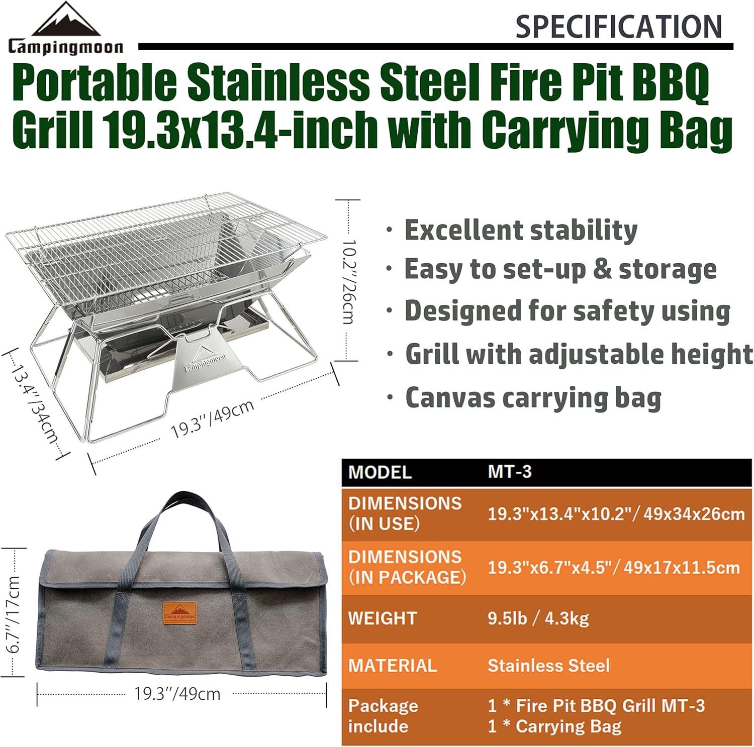 Portable Stainless Steel Charcoal Camping Grill with Carrying Bag