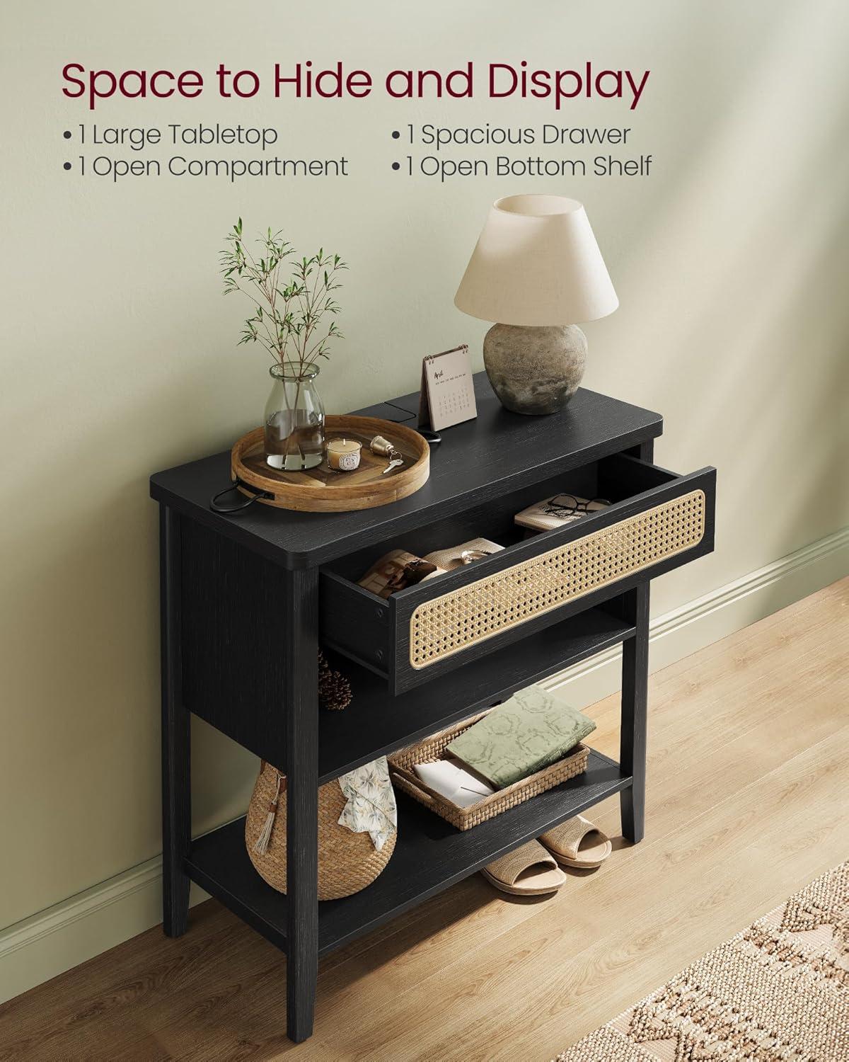 Ash Black Boho Console Table with Storage and Power Outlets