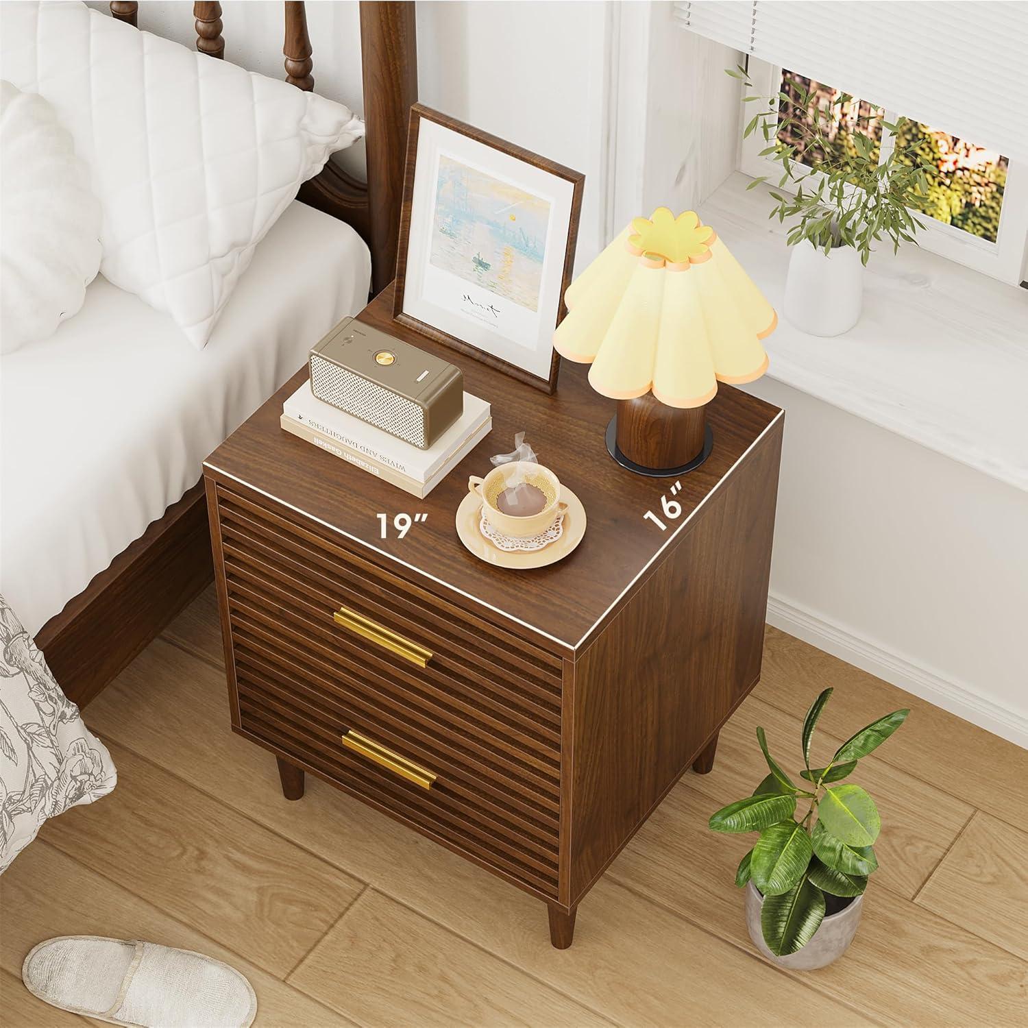 Brown Mid Century Modern 2-Drawer Wooden Nightstand Set