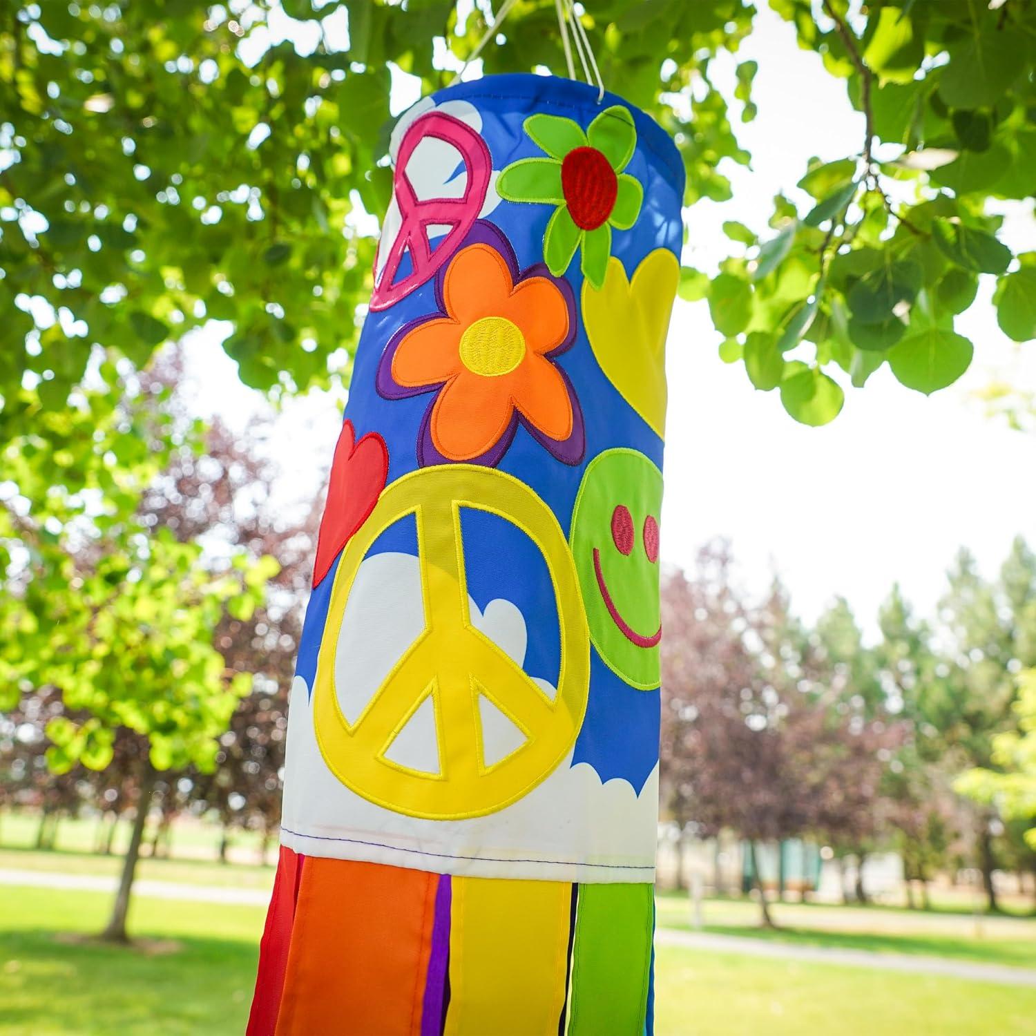 In the Breeze 5214 — Peace, Love & Happiness 40-inch Windsock — Fun, Novelty '60s Inspired Hanging Garden Décor