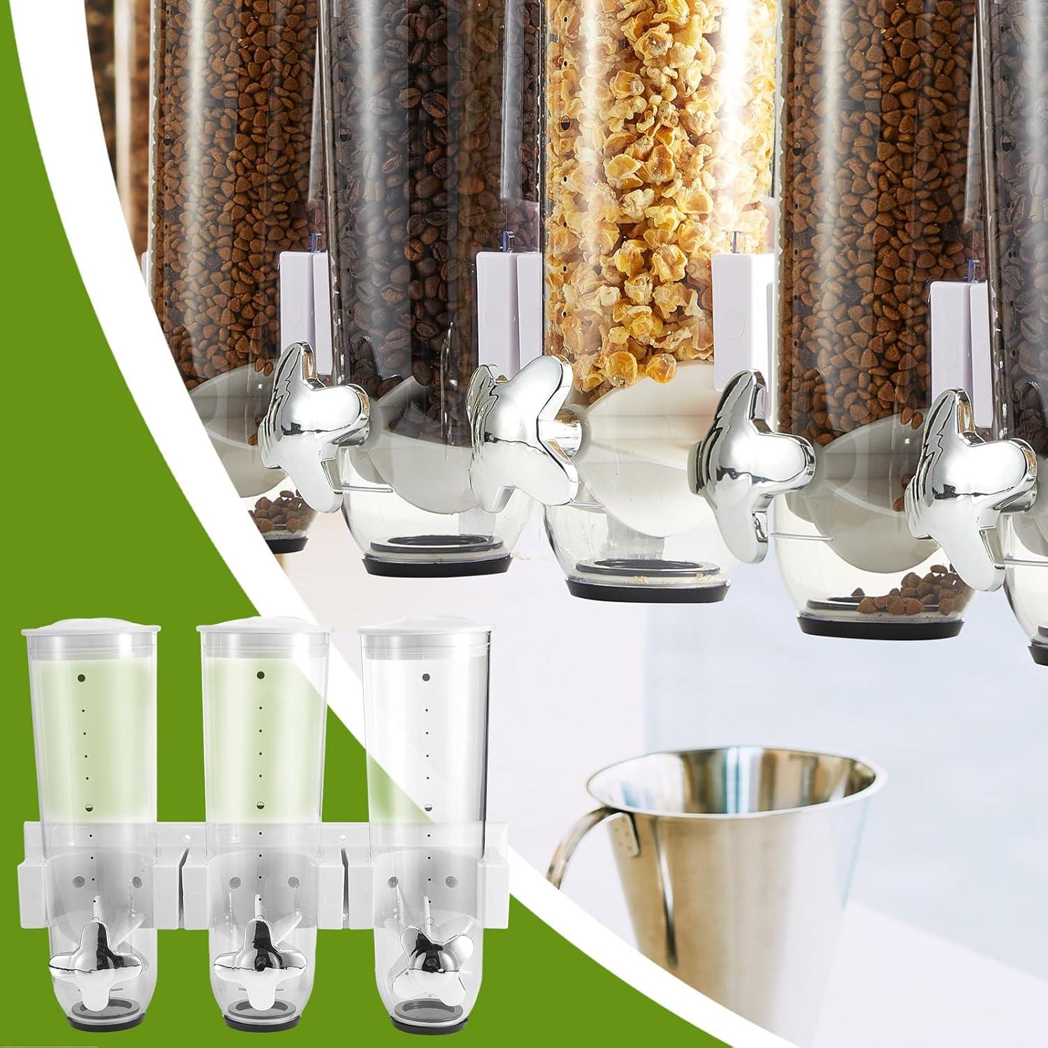 Umigy 2 Pcs Candy Dispenser Wall Mounted, Triple Dry Cereal Grain Dispenser Machine Wall Mount, Food Storage Container for Pantry Snack with 3 Cup for Kitchen, 39 oz (White)