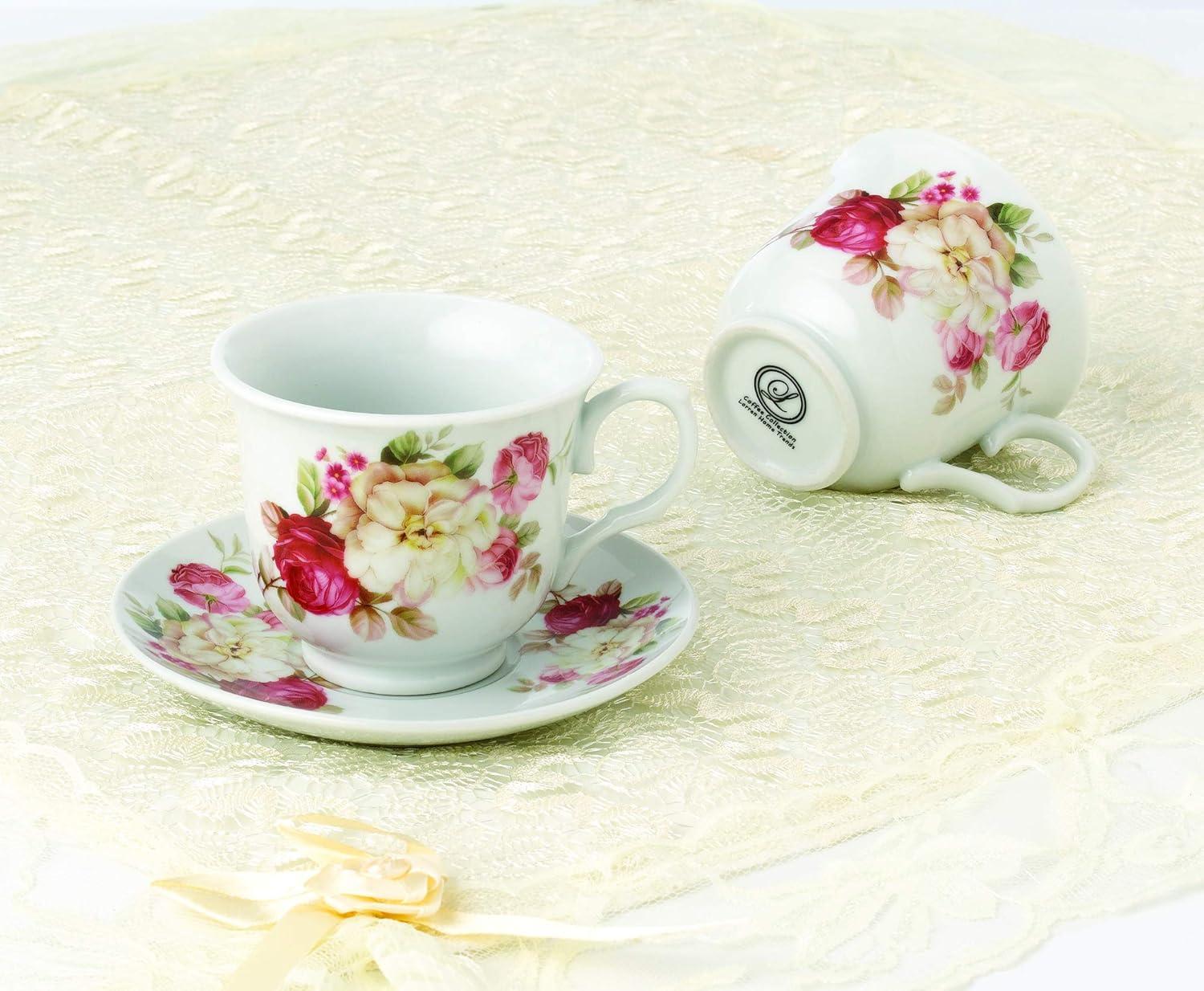 Floral Ceramic Teacup and Saucer Set with Stand, 8-Piece