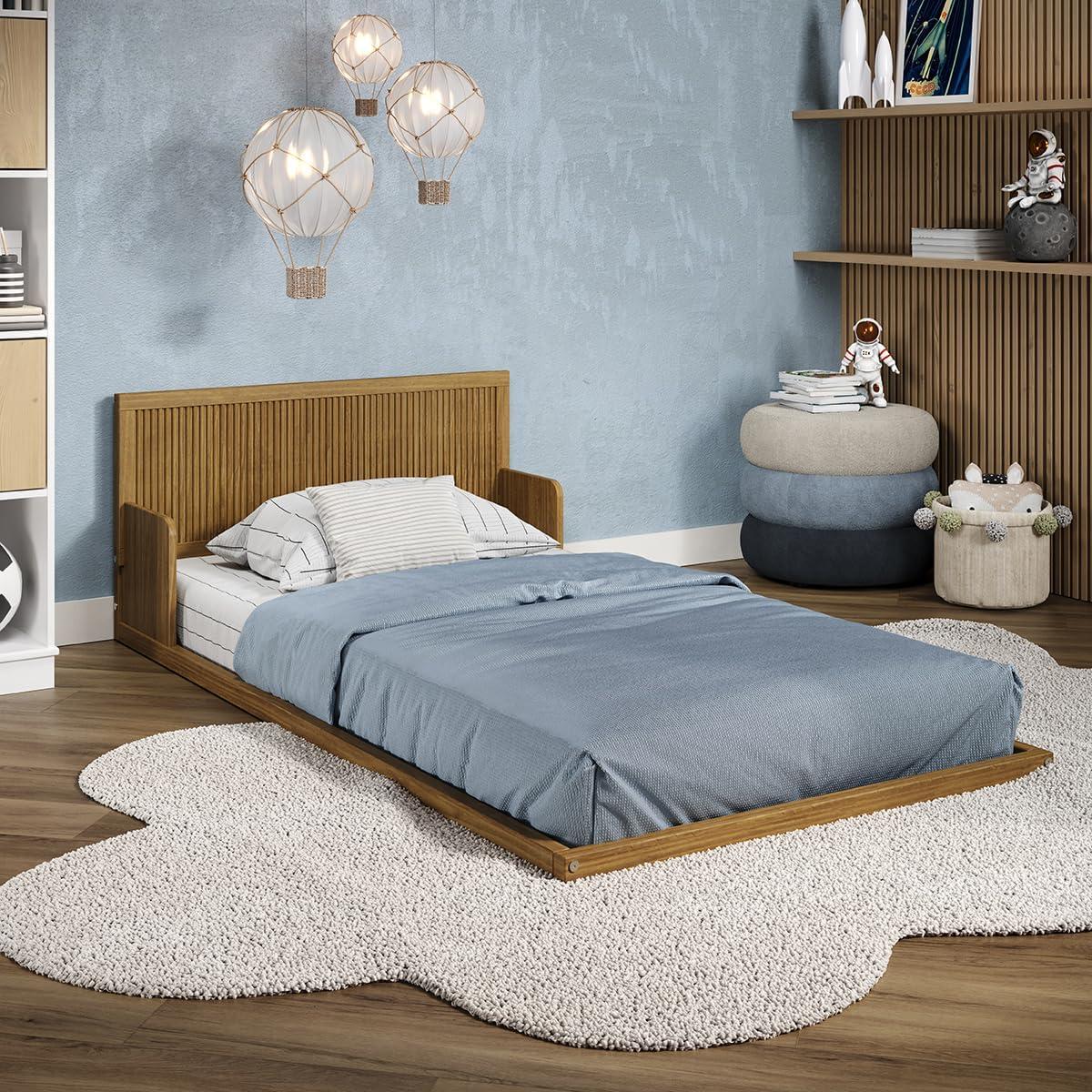 Natural Oak Twin Pine Wood Floor Bed with Headboard