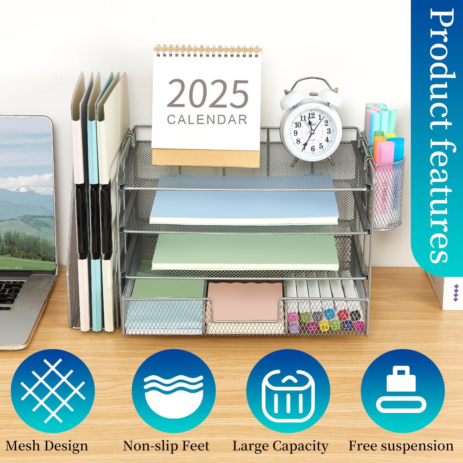 gianotter Desk Organizers and Accessories with File Holder, 4-Tier Desk Accessories & Workspace Organizers with Drawer and 2 Pen Holder, Paper Organizer for Office Supplies (Grey)