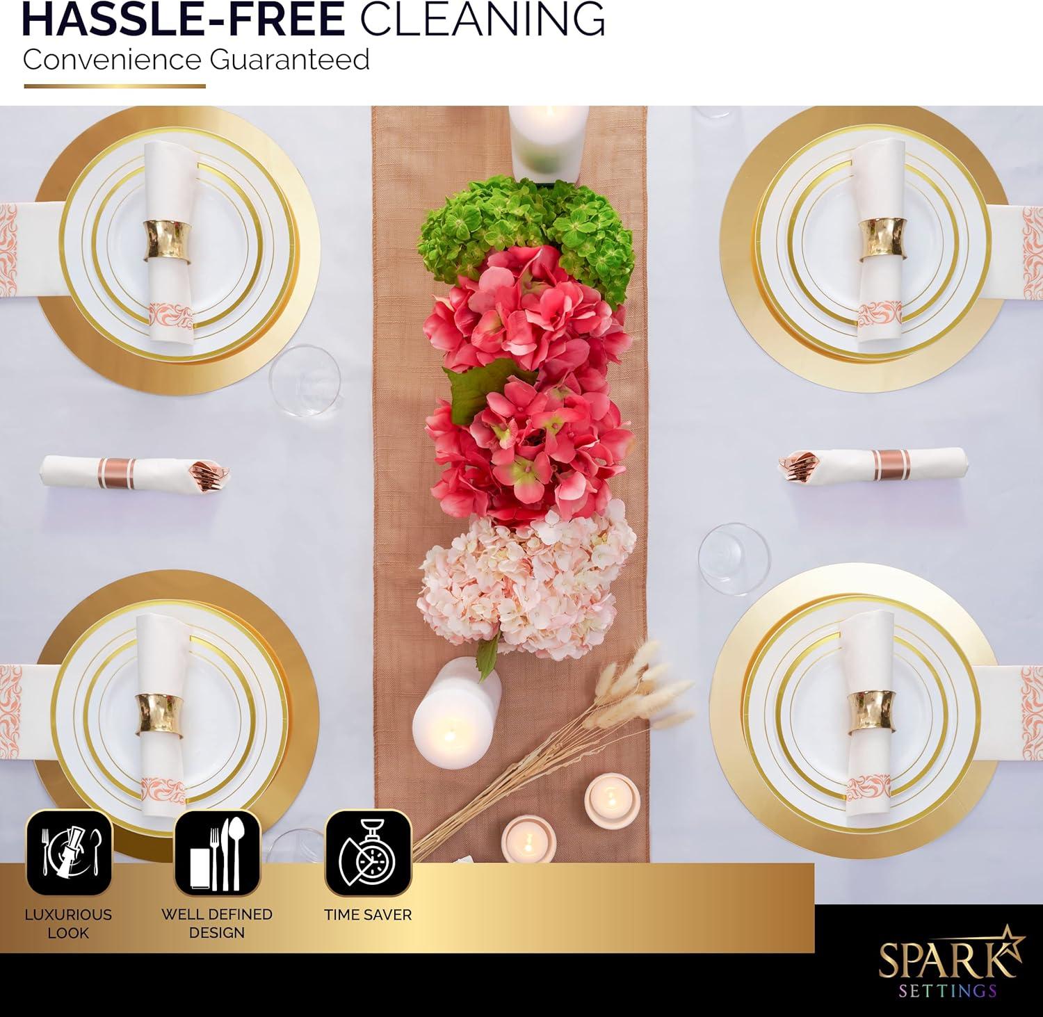 SparkSettings Rose Gold Plastic Silverware, 50 Pre Rolled Napkin and Cutlery Set