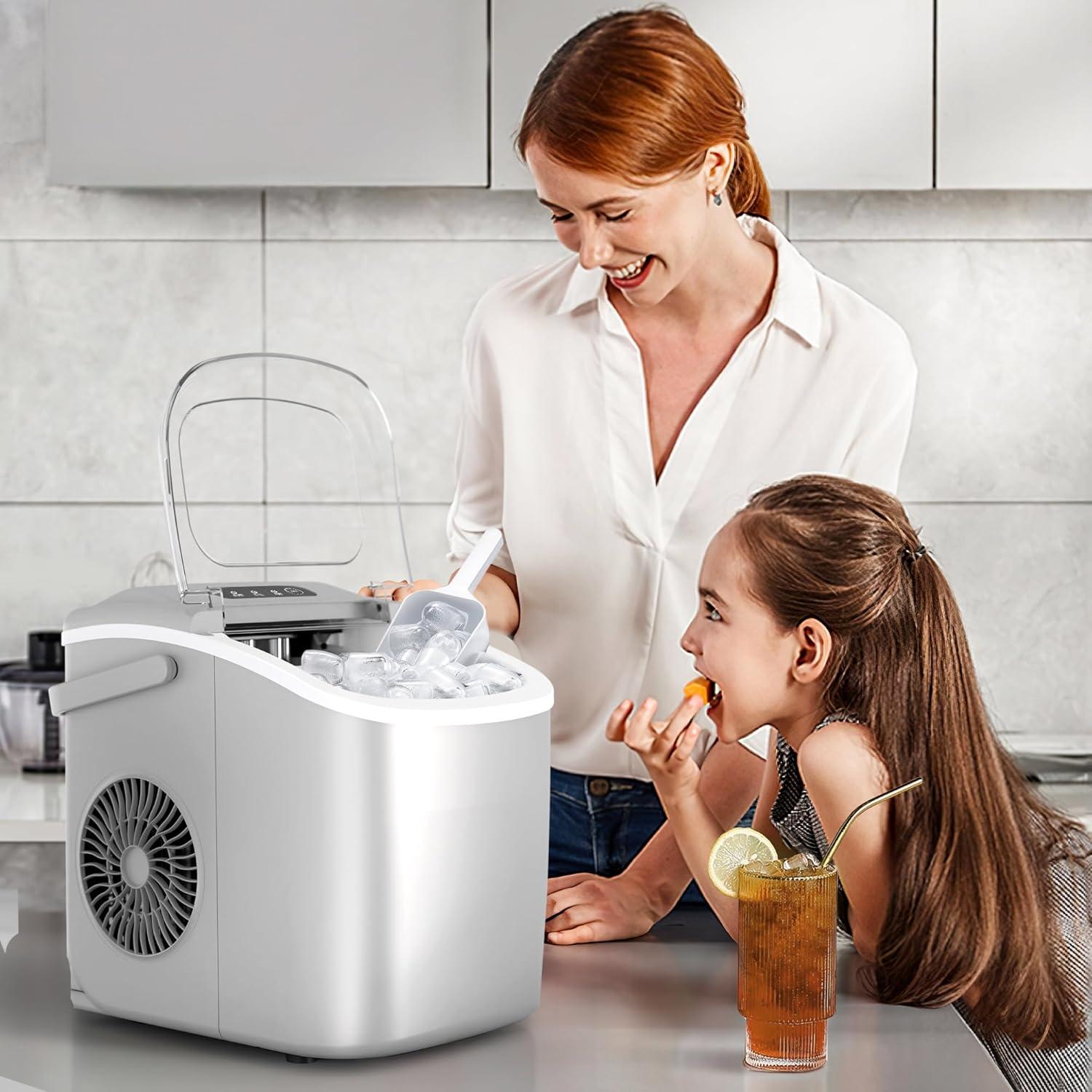 Compact White Stainless Steel Portable Countertop Ice Maker