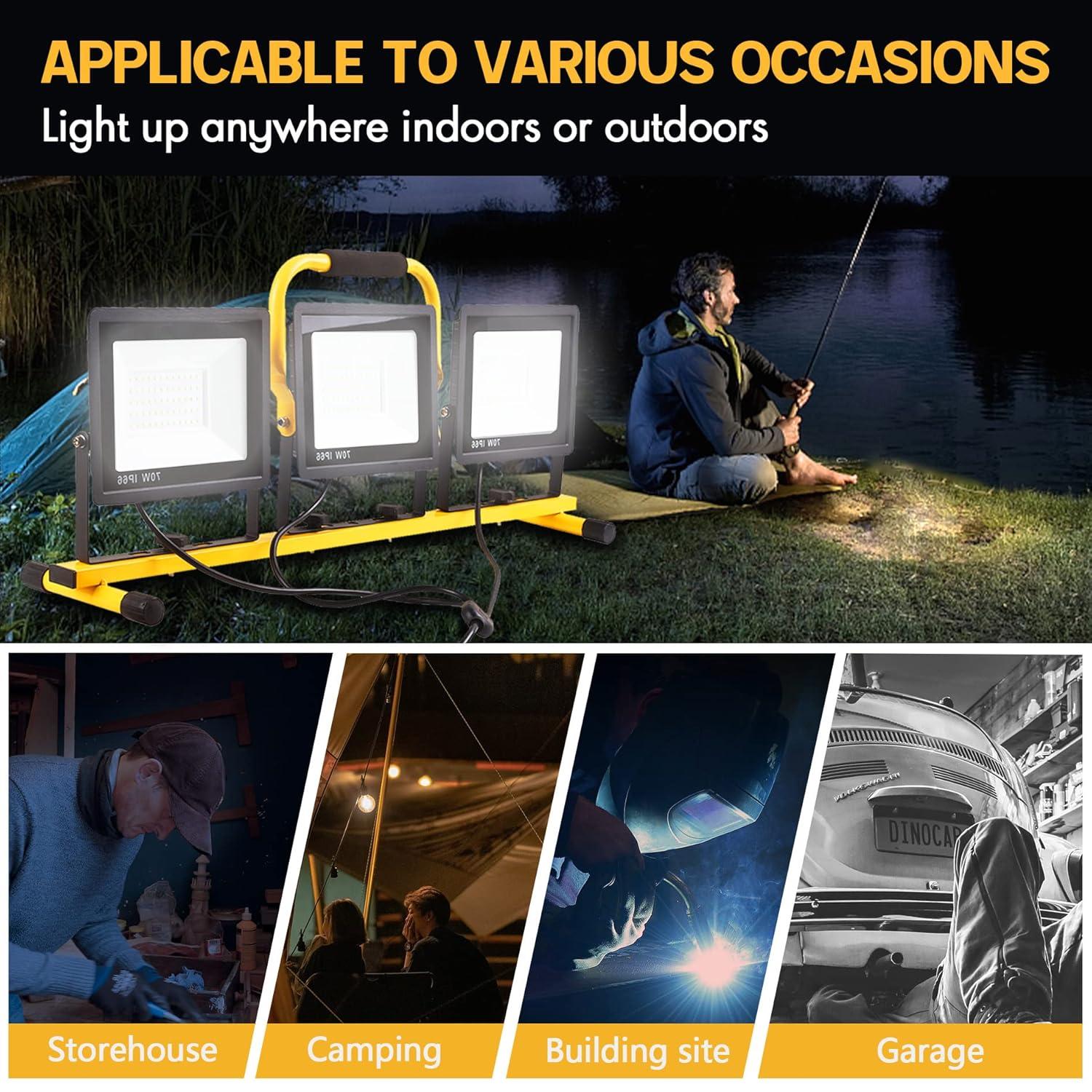 21000 Lumen Work Lights with Stand，3 Adjustable Head LED Work Light, with Adjustable and Foldable Tripod Stand, Waterproof Lamp with Individual Switch with 6500 Kelvin Color Temperature