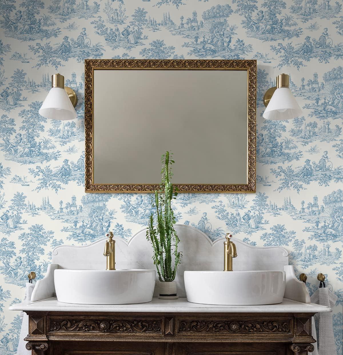 NextWall Chateau Toile Peel and Stick Wallpaper Blue: Removable Vinyl, Self-Adhesive, Traditional Toile Design, 30.75 Sq Ft Coverage