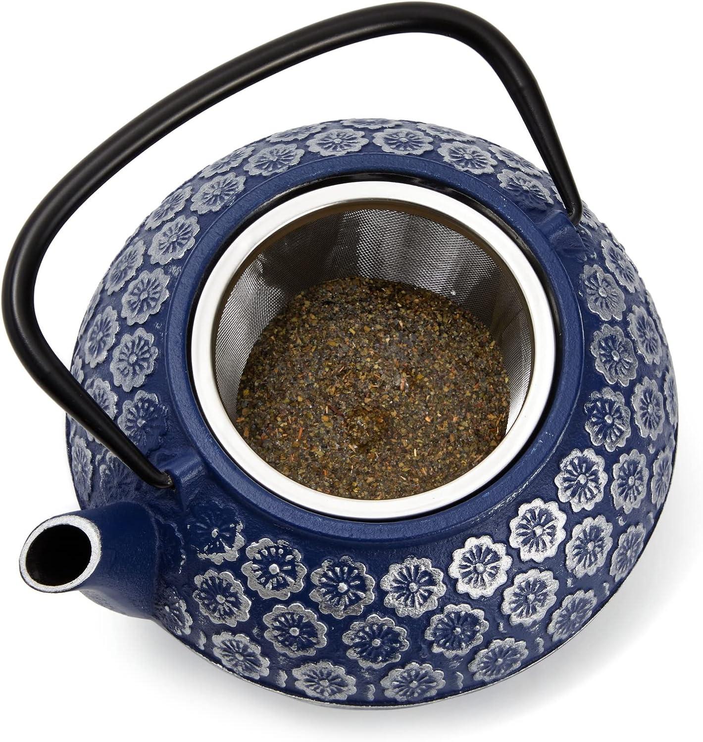 Juvale Cast Iron Tea Pot with Stainless Steel Loose Leaf Infuser, Blue, 34 oz