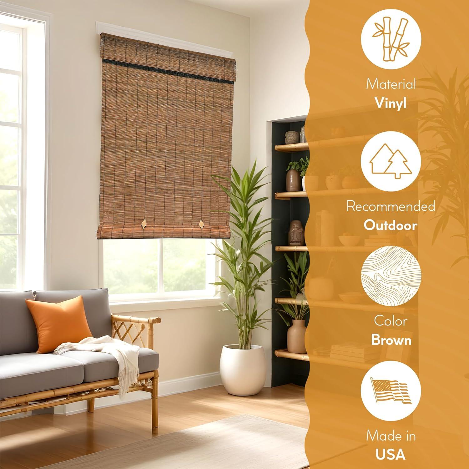 36" x 72" Outdoor Imperial Matchstick Rayon from Bamboo Cord-Free Natural Rollup Blinds Fruitwood - Radiance: Light Filtering, Spot Clean