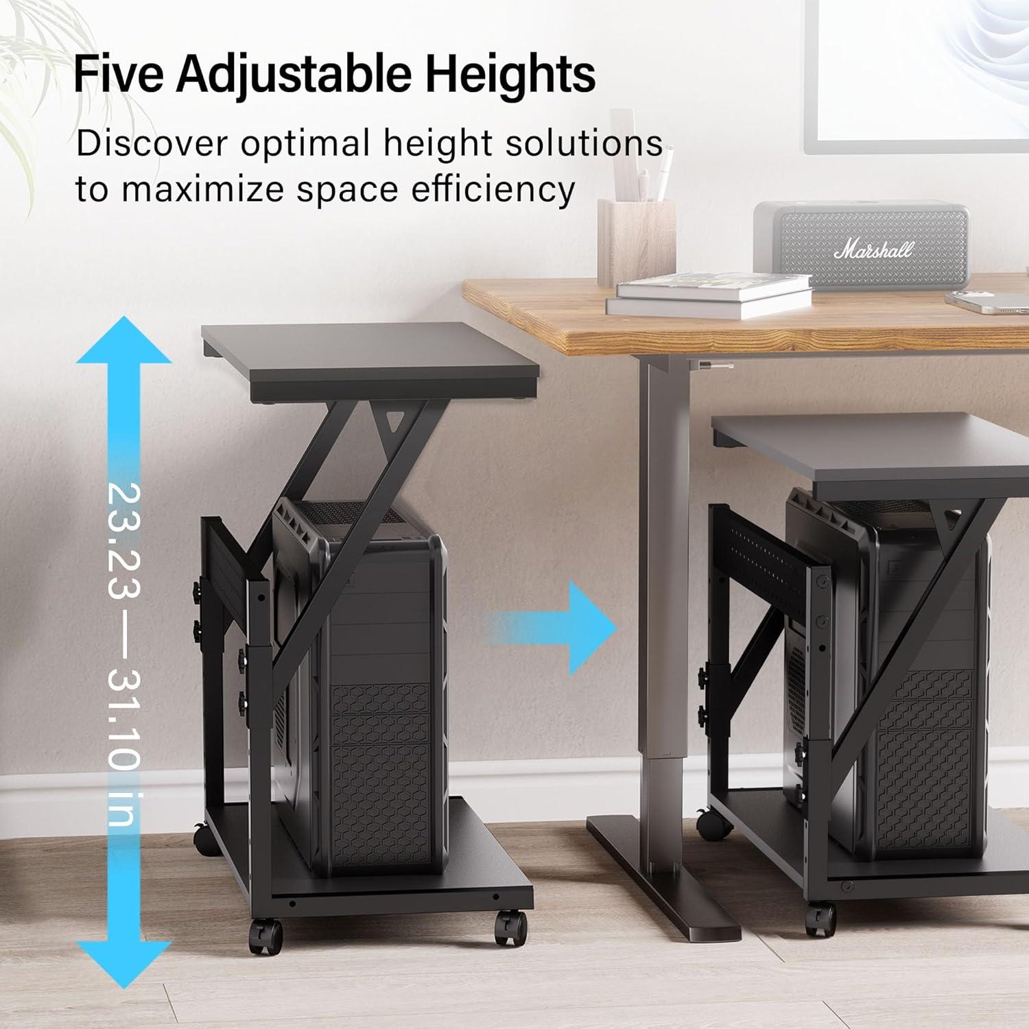 Computer Tower Cart - Height Adjustable PC Stand, 2-Tier ATX-Case CPU Holder Home Office Gaming Desk Accessories with Rolling Lockable Wheels, Laptop Table Standing Computer Desk, Rustic Black