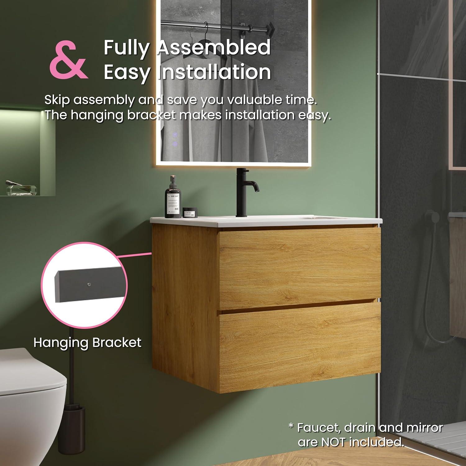 Little Tulip 24" Floating Bathroom Vanity with Ceramic Sink, Contemporary Bathroom Cabinet with 2 Drawers, Natural Oak