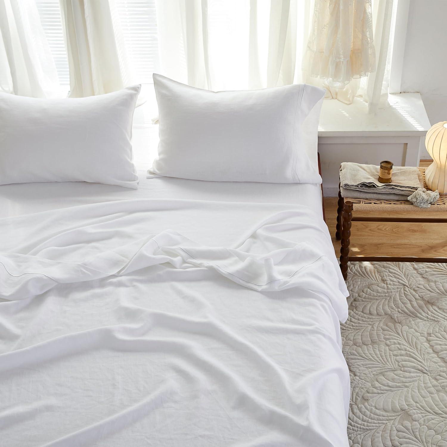 Simple&Opulence Belgian Linen Sheet Set Solid Color - 4 Pieces (1 Flat Sheet, 1 Fitted Sheet & 2 Pillowcases) Natural Flax Cotton Blend Soft Breathable Farmhouse Bedding - Full Size, White