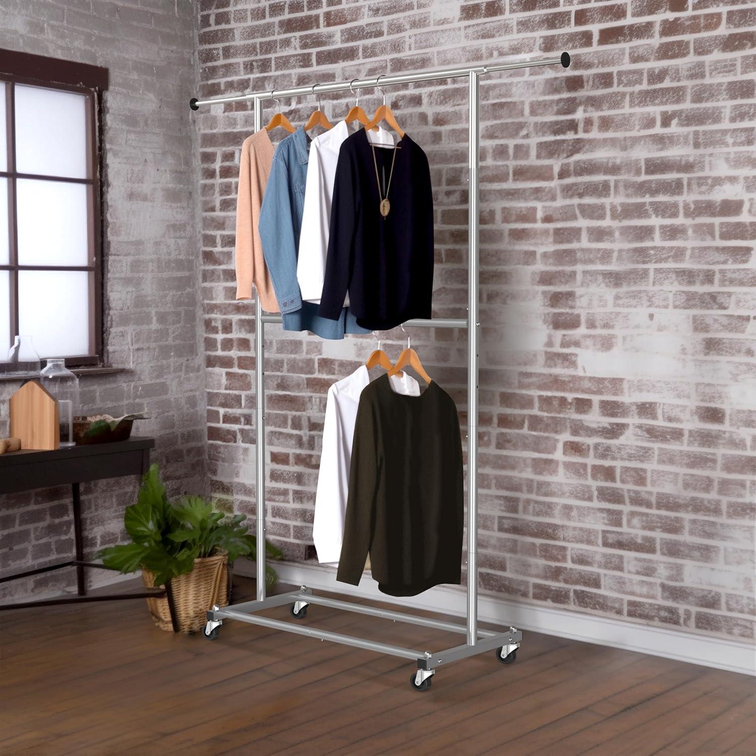 Simple Houseware Double Rod Garment Rack With Wheels and Hooks, Silver