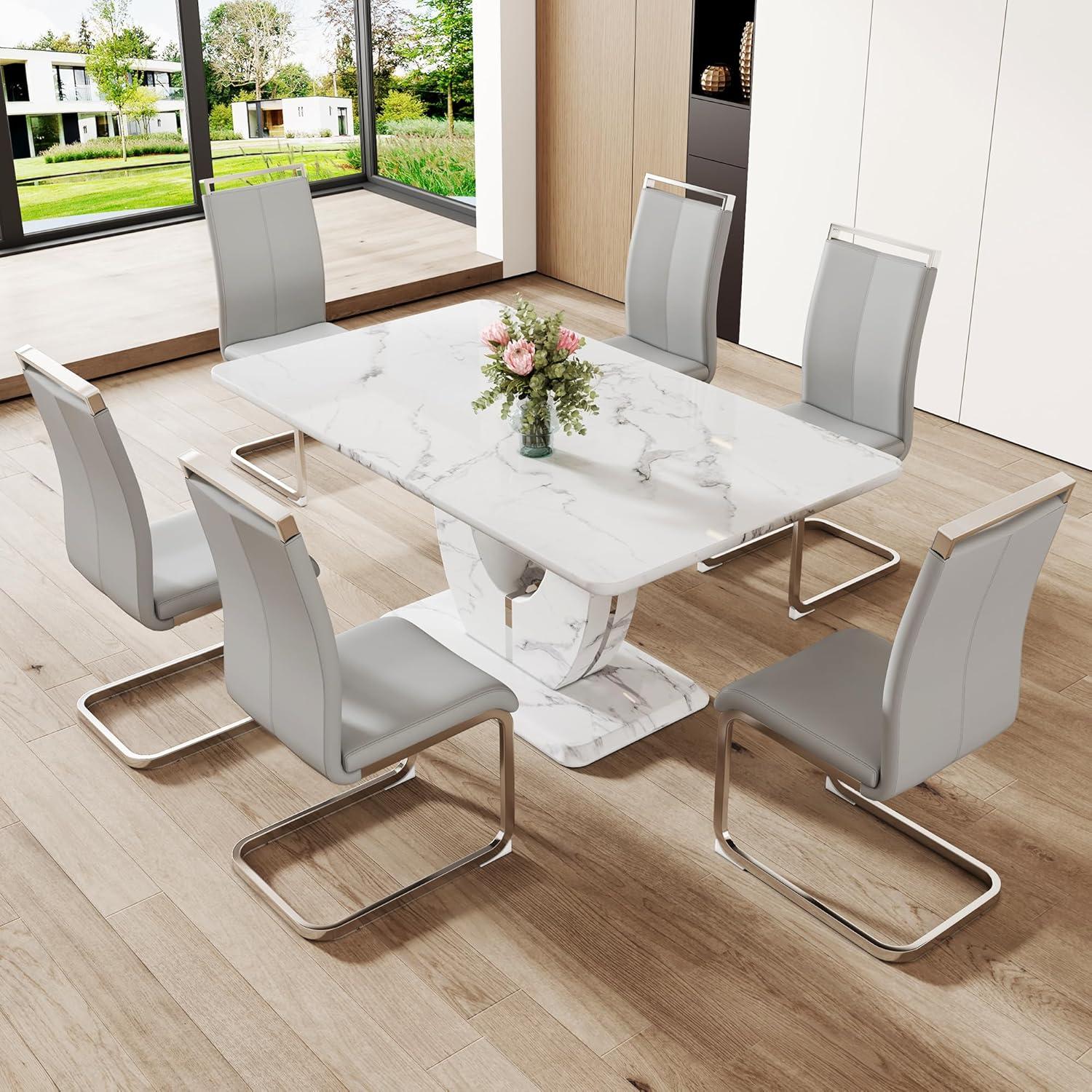 Modern White Faux Marble Dining Table Set with 6 Gray PU Leather Chairs