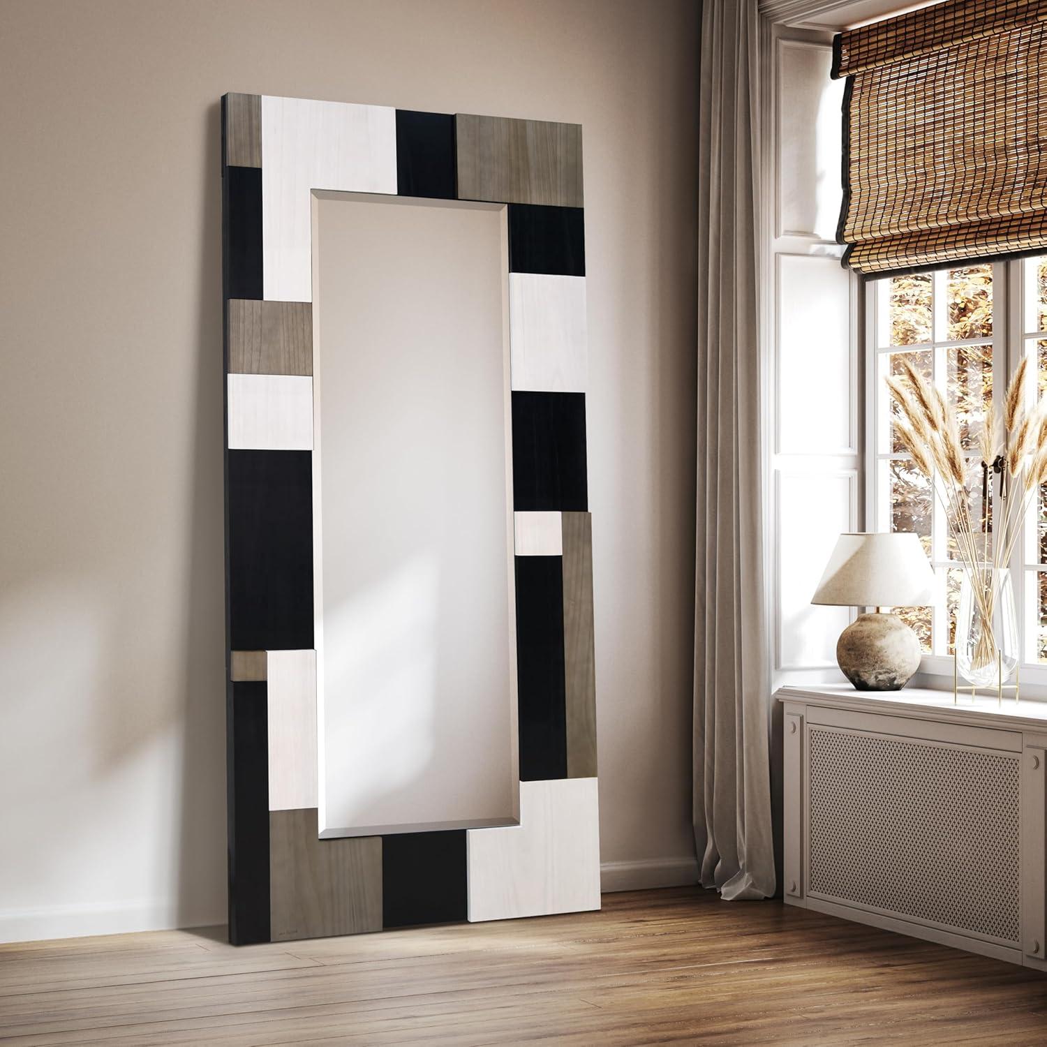 Empire Art Direct "Geometric Blocks" Hand Made Solid Paulownia Wood Beveled Leaner Mirror size 80" x 40"