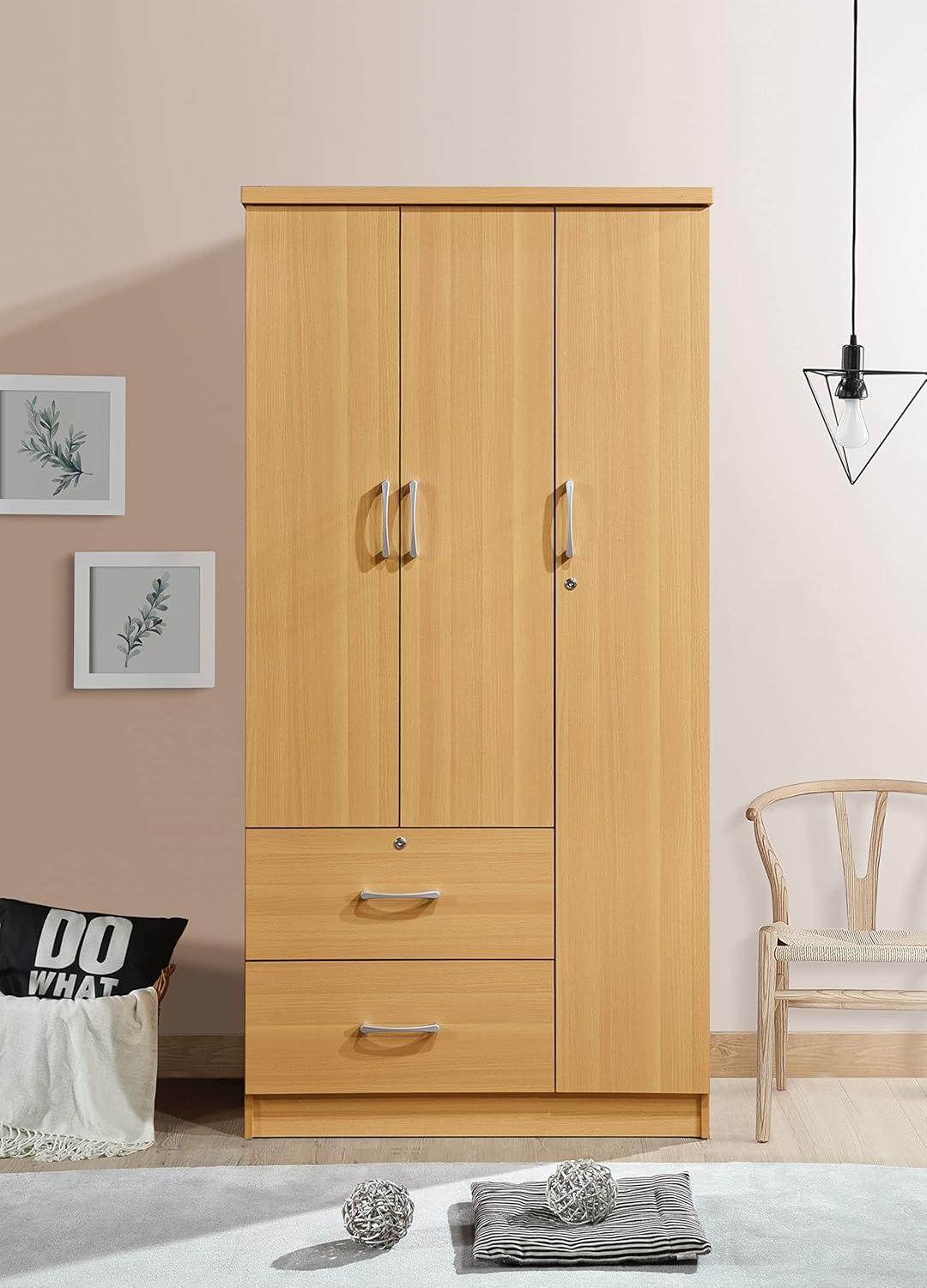 Beech 3-Door Armoire with Drawers and Shelves