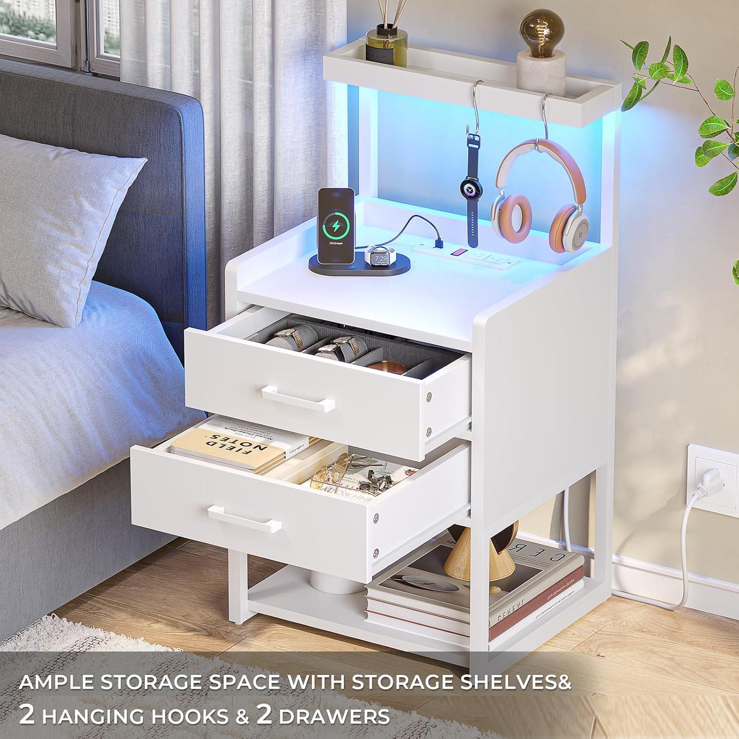 Nightstand with LED Lights and Charging Station, 2 Drawers Bedroom Night Stand, 2 USB Ports, 2 Outlets, Bed Side Table with Storage Shelves, White