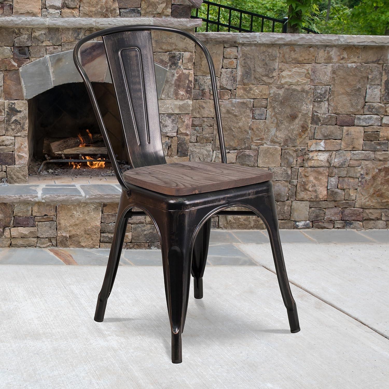 Flash Furniture Black-Antique Gold Metal Stackable Chair with Wood Seat