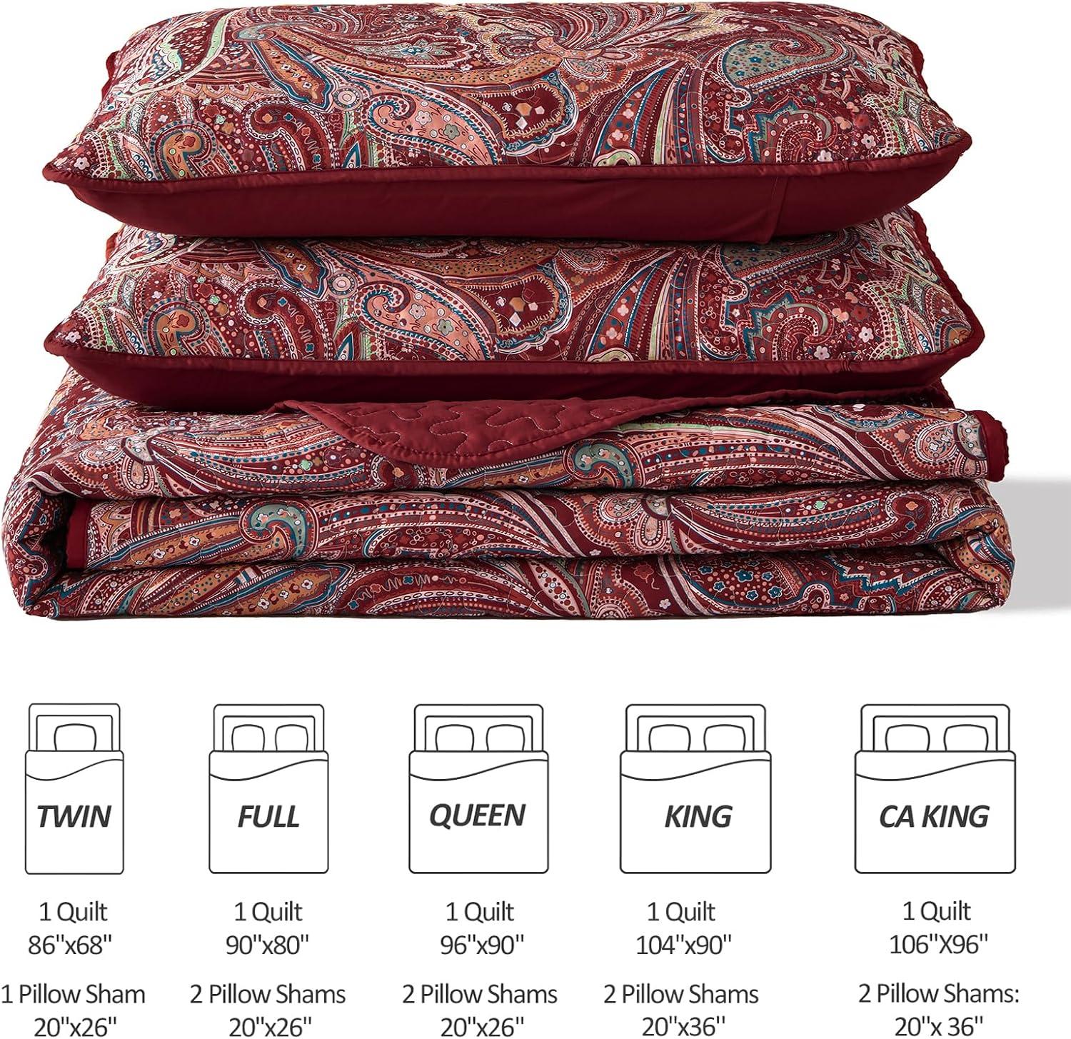 DJY Red Paisley Quilt Set Queen Size Boho Quilt Bedspread Set 3 Pieces, Soft Lightweight Microfiber Coverlet Set Burgundy Paisley Floral Pattern Bedding for All Season, 96''x90''