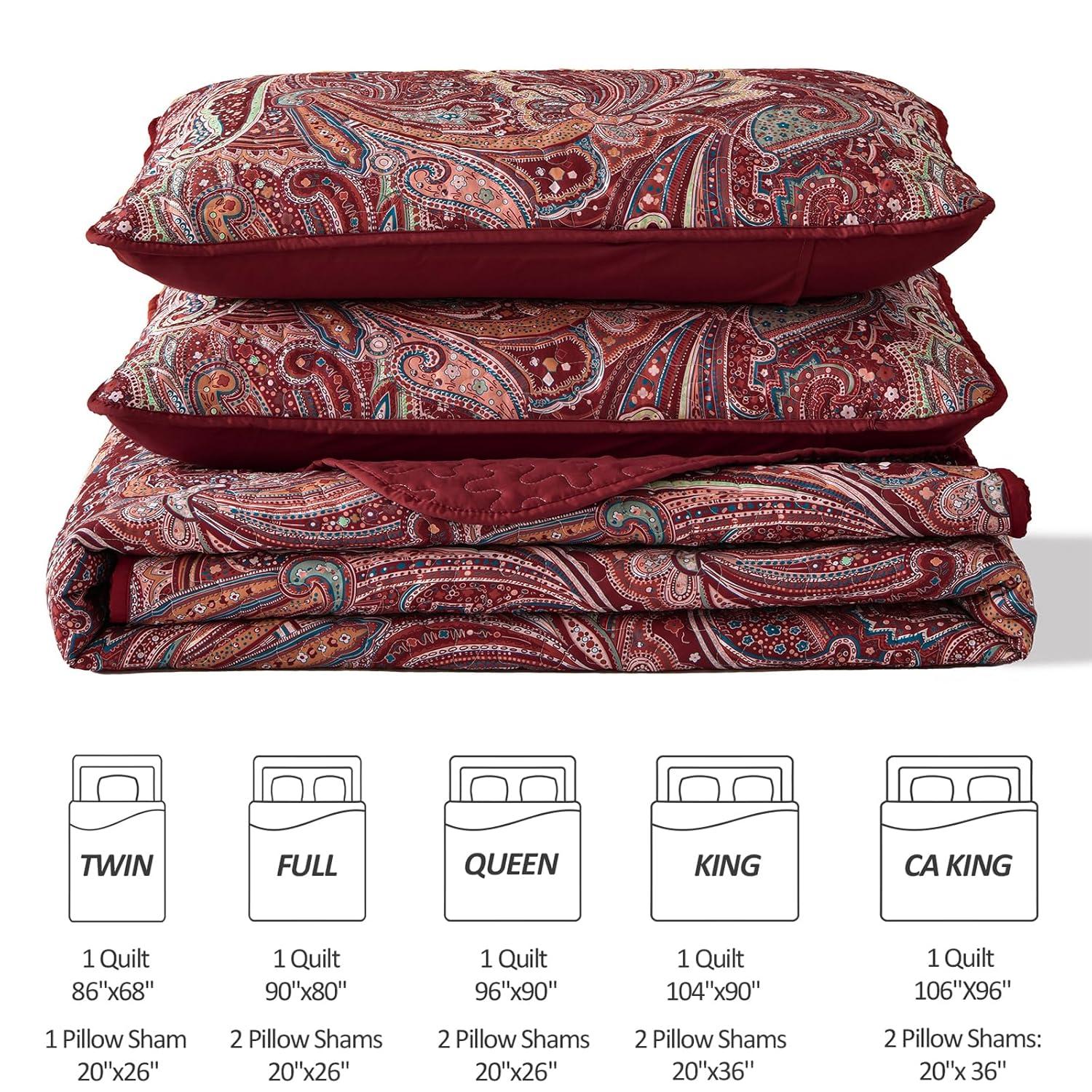 DJY Red Paisley Quilt Set Queen Size Boho Quilt Bedspread Set 3 Pieces, Soft Lightweight Microfiber Coverlet Set Burgundy Paisley Floral Pattern Bedding for All Season, 96''x90''