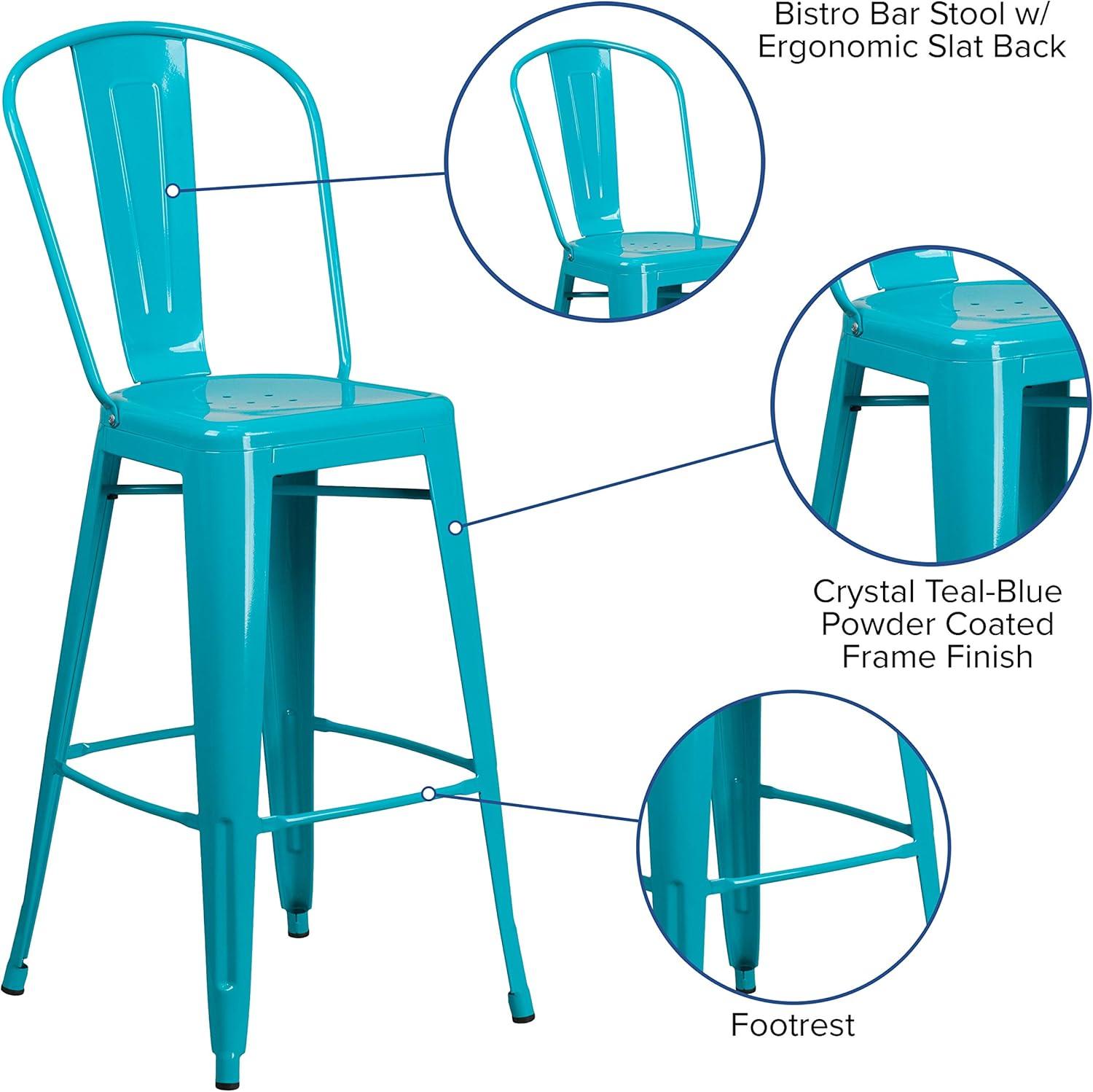 Flash Furniture Commercial Grade 30" High Crystal Teal-Blue Metal Indoor-Outdoor Barstool with Back